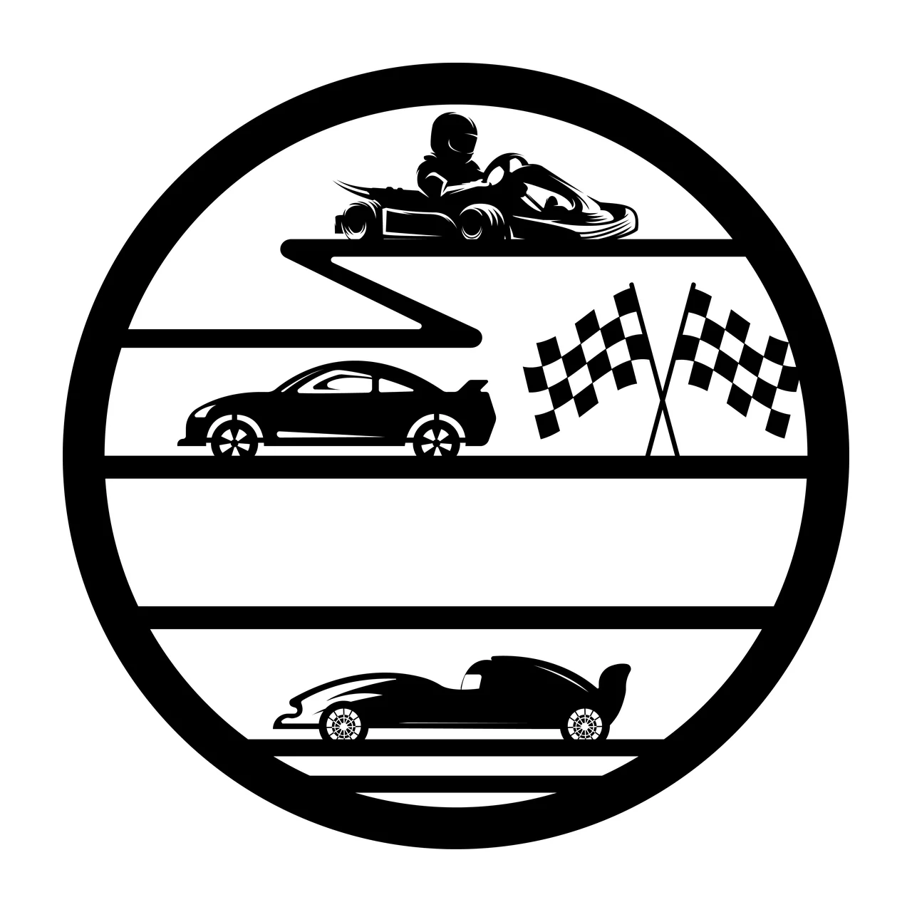 Circular Emblem Featuring Black Silhouettes Of Racing Vehicles go kart