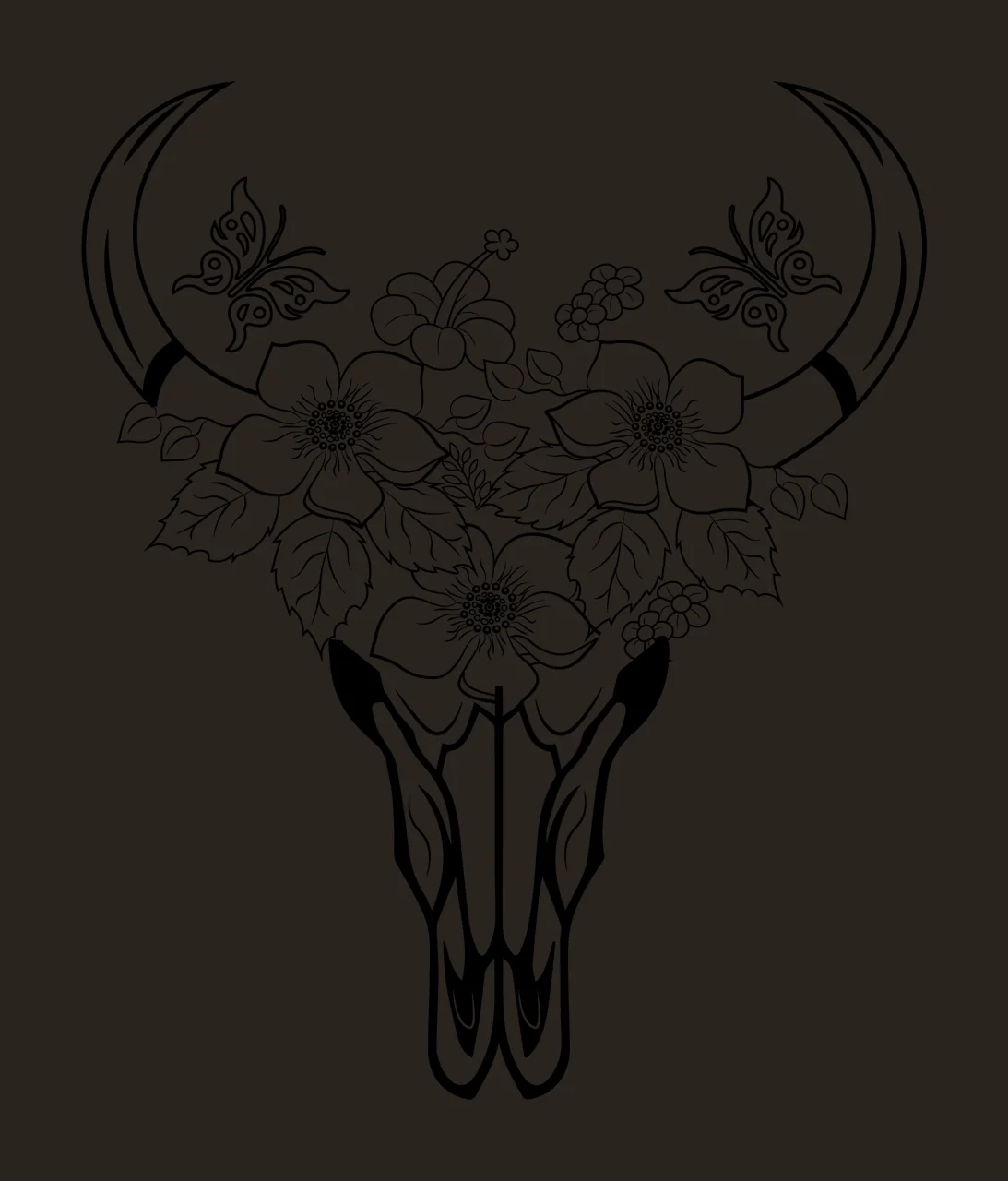 Cattle Skull With Flowers And Butterflies adorned line drawing contrast preview thumbnail