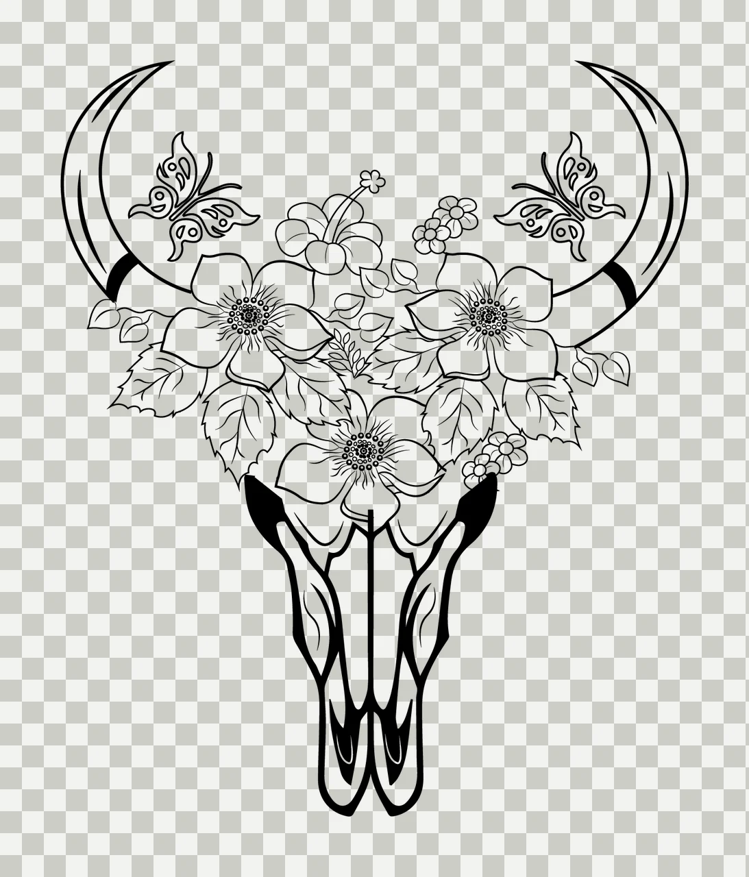 Cattle Skull With Flowers And Butterflies adorned line drawing transparency and detail preview thumbnail