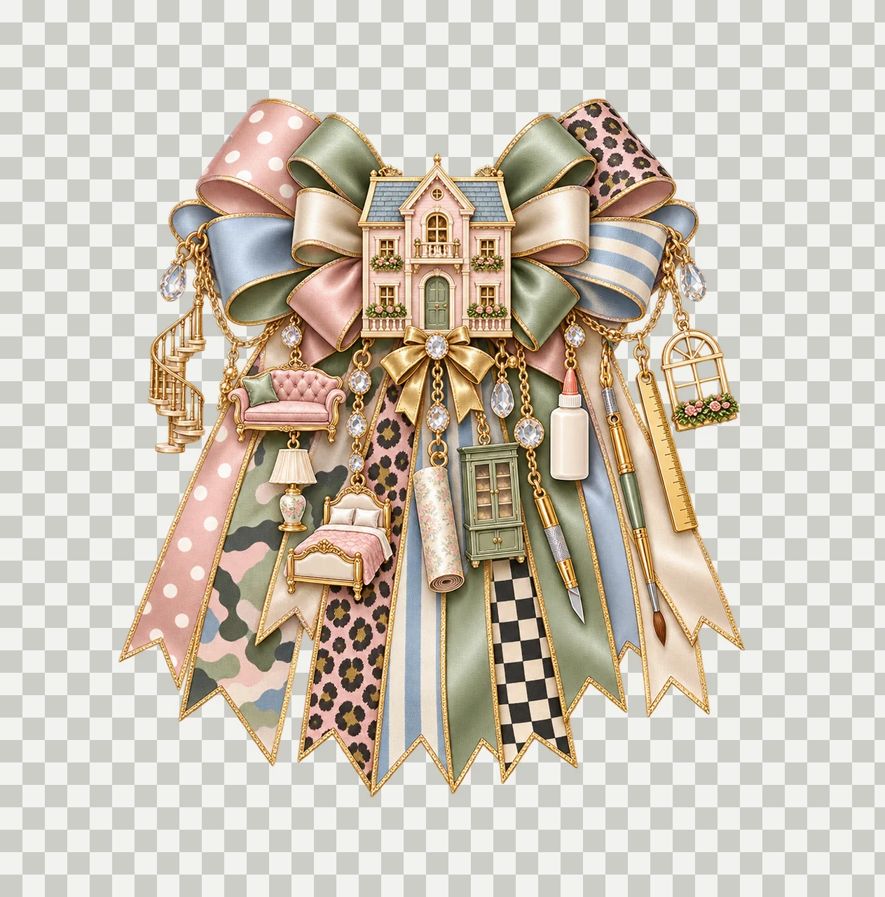 Dollhouse Maker Bow Charm PNG, Gold Chain Charms, Transparent Sublimation Design, Digital Download transparency and detail preview thumbnail