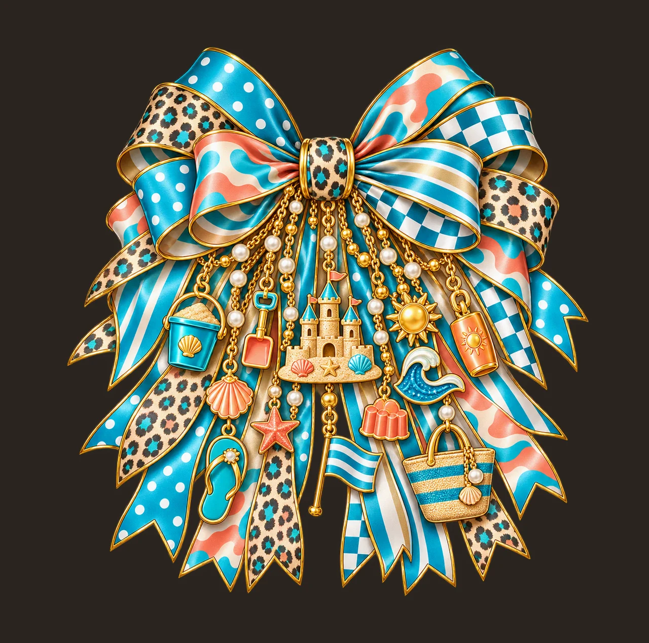 Sandcastle Builder Bow Charm PNG, Gold Chain Charms, Transparent Sublimation Design, Digital Download contrast preview thumbnail