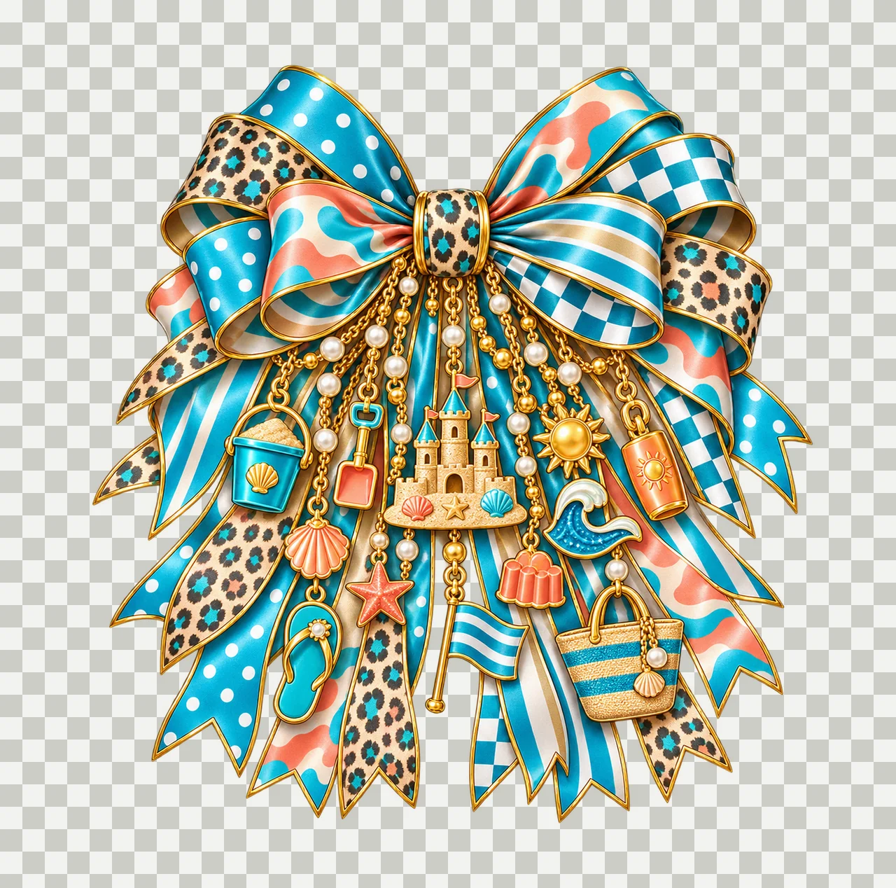 Sandcastle Builder Bow Charm PNG, Gold Chain Charms, Transparent Sublimation Design, Digital Download transparency and detail preview thumbnail