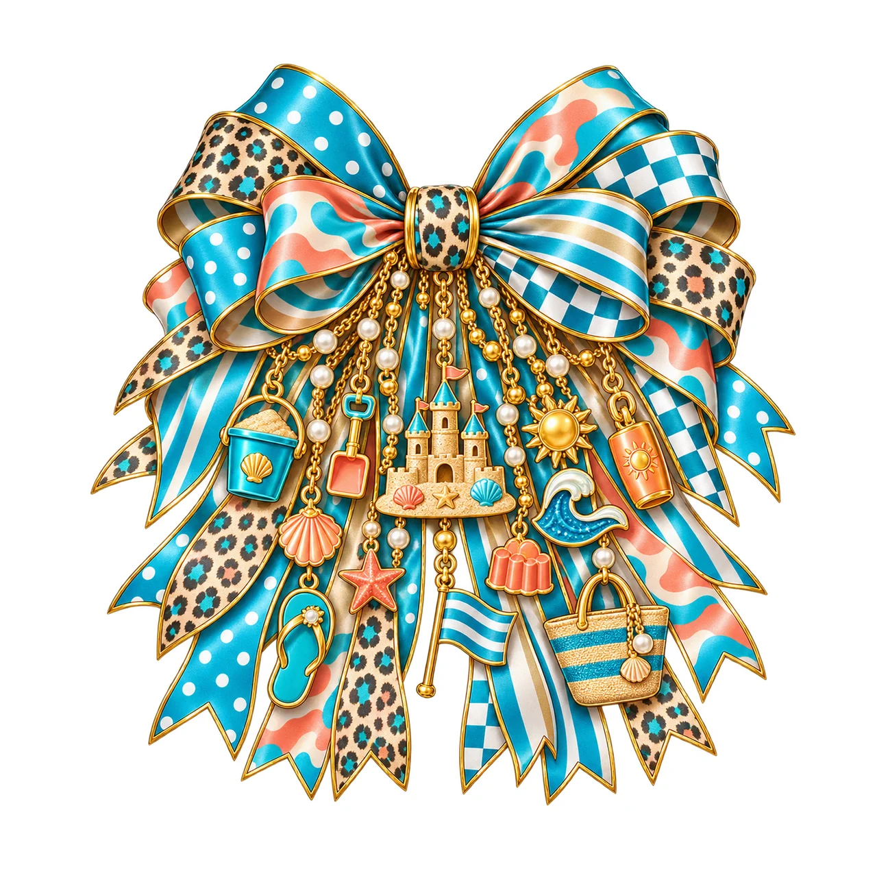 Sandcastle Builder Bow Charm PNG, Gold Chain Charms, Transparent Sublimation Design, Digital Download
