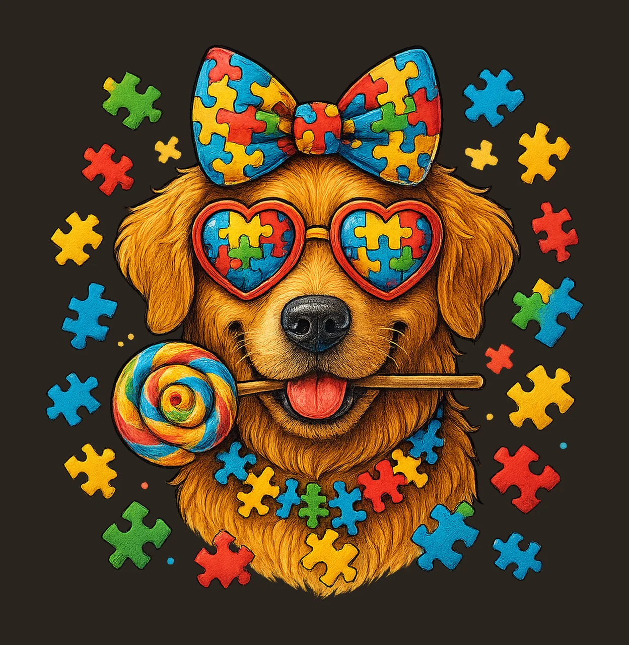 Dog With Lollipop And Puzzle Pieces bow glasses colorful contrast preview thumbnail