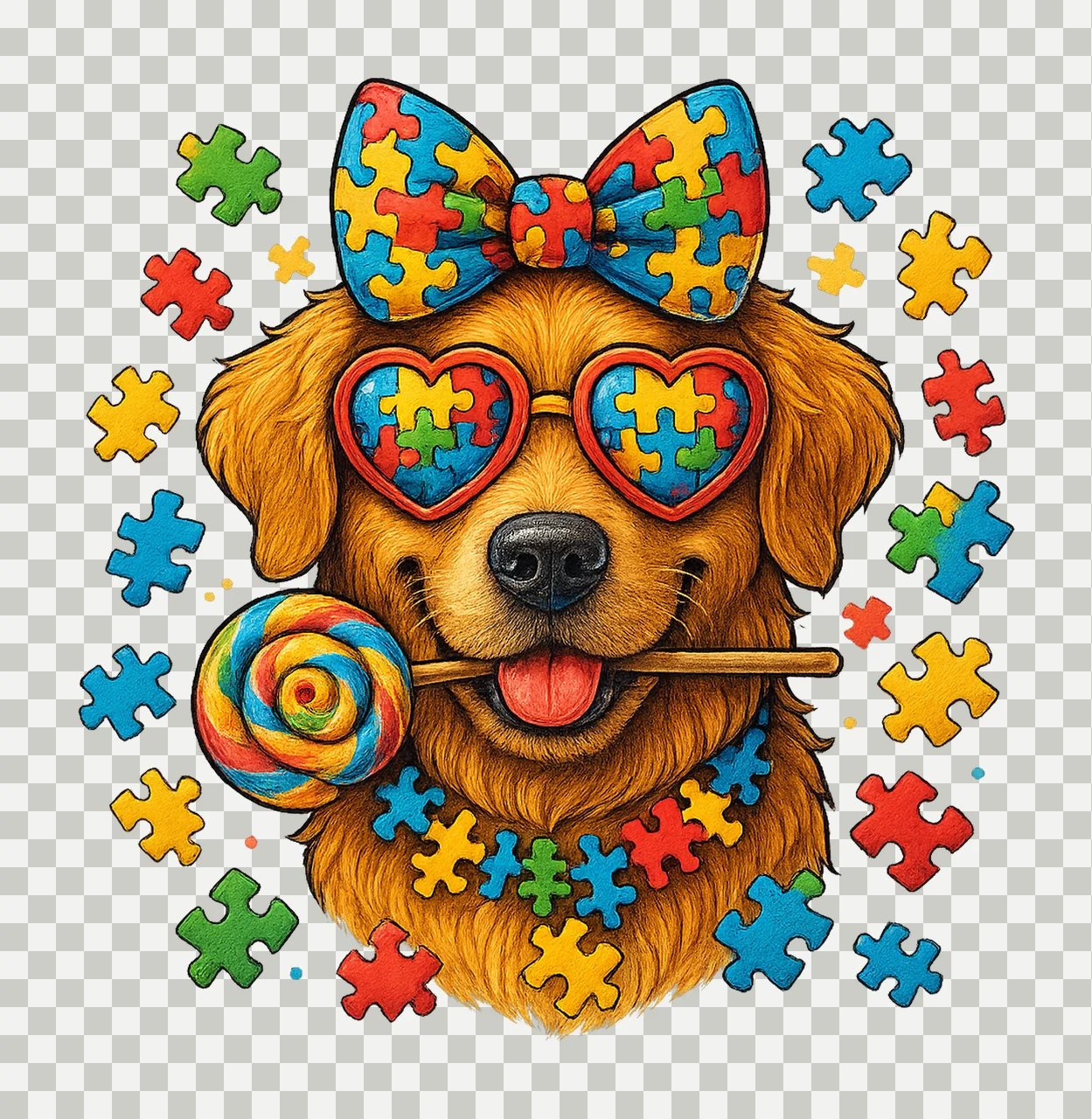 Dog With Lollipop And Puzzle Pieces bow glasses colorful transparency and detail preview thumbnail