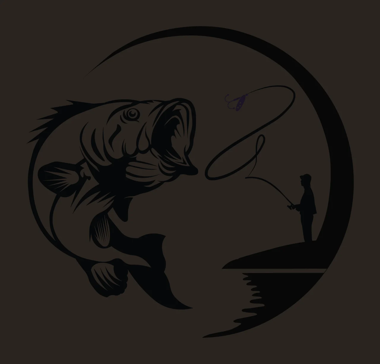 Fish Jumping Near Angler Graphic and fishing rod hook silhouette contrast preview thumbnail