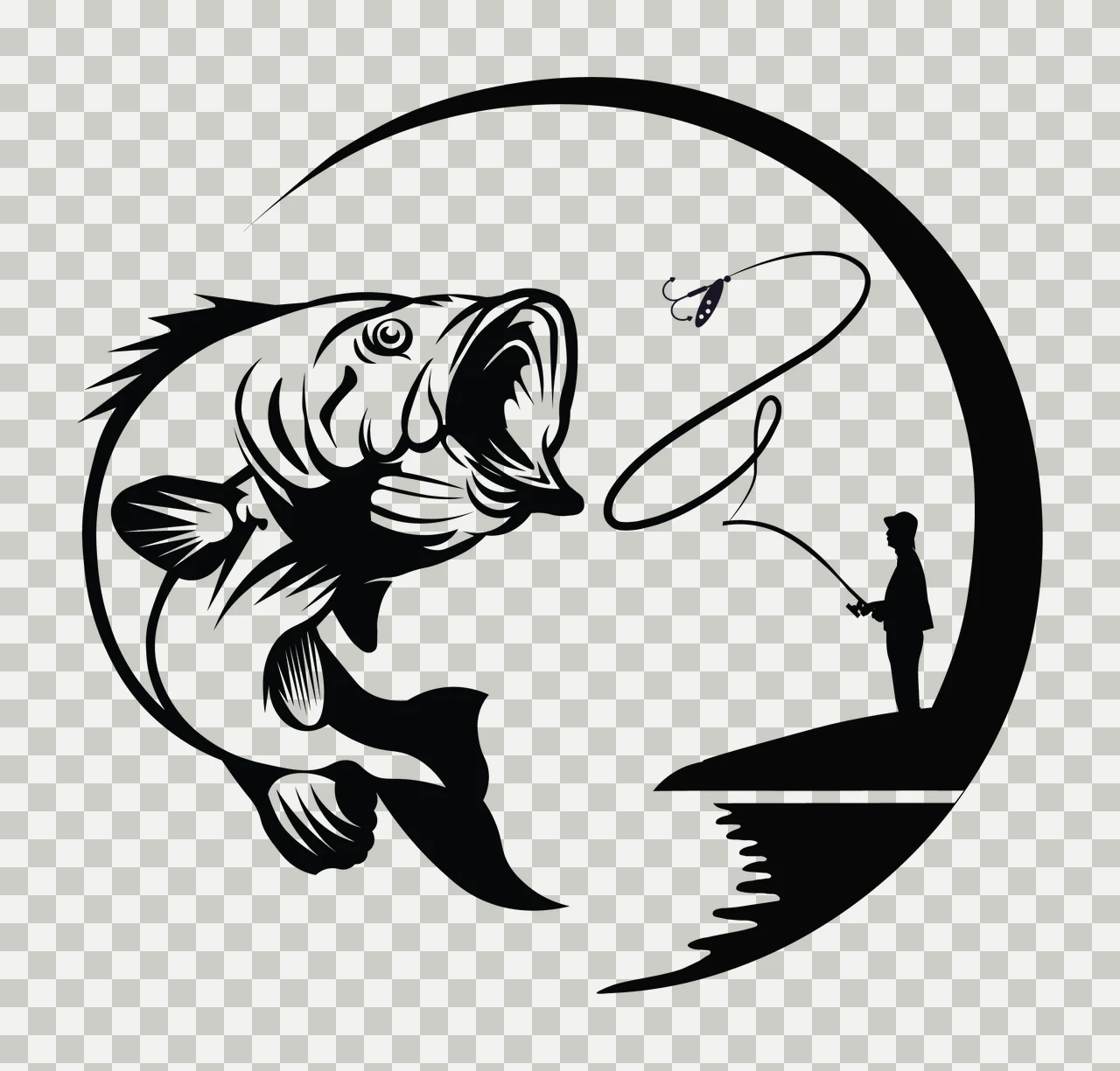 Fish Jumping Near Angler Graphic and fishing rod hook silhouette transparency and detail preview thumbnail