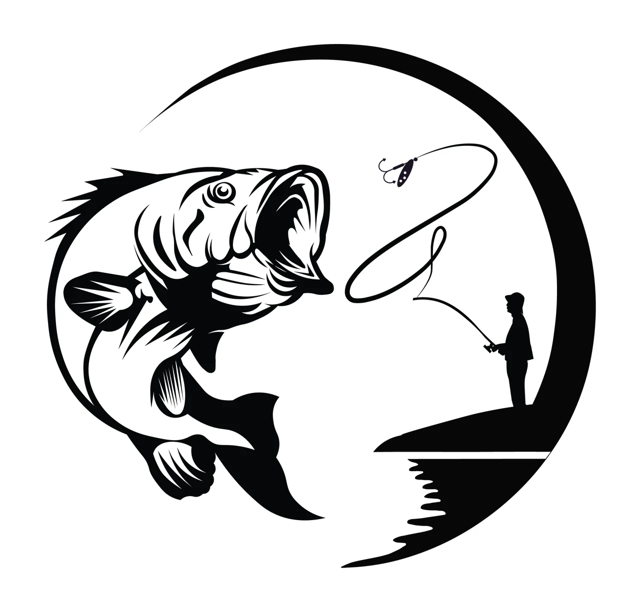 Fish Jumping Near Angler Graphic and fishing rod hook silhouette