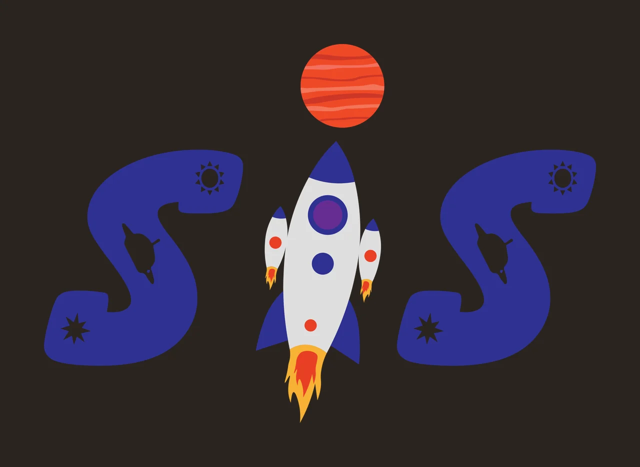SIS Typography Design with blue letter S, rocket ship, red planet and stars in orange contrast preview thumbnail