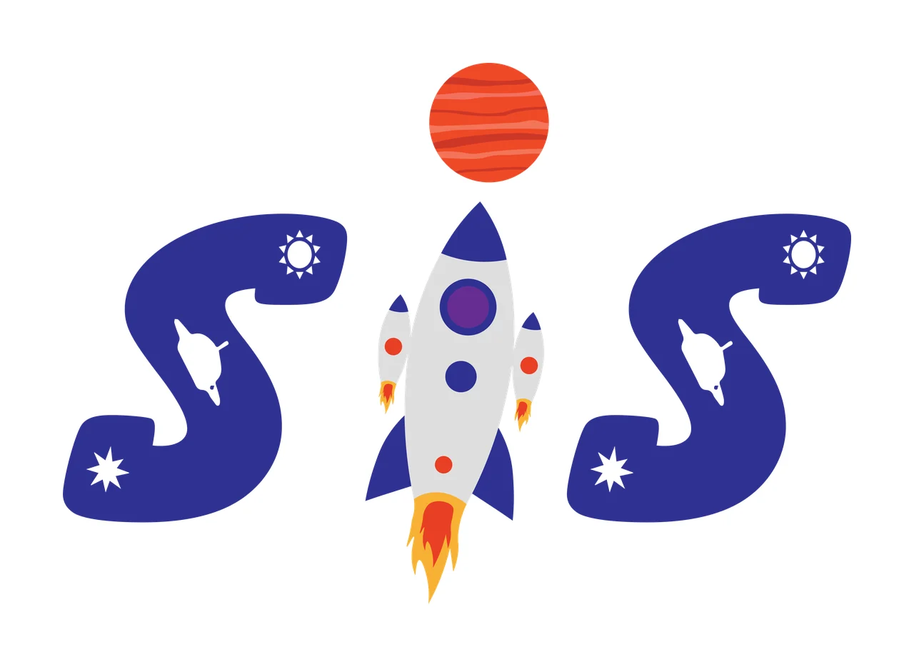 SIS Typography Design with blue letter S, rocket ship, red planet and stars in orange
