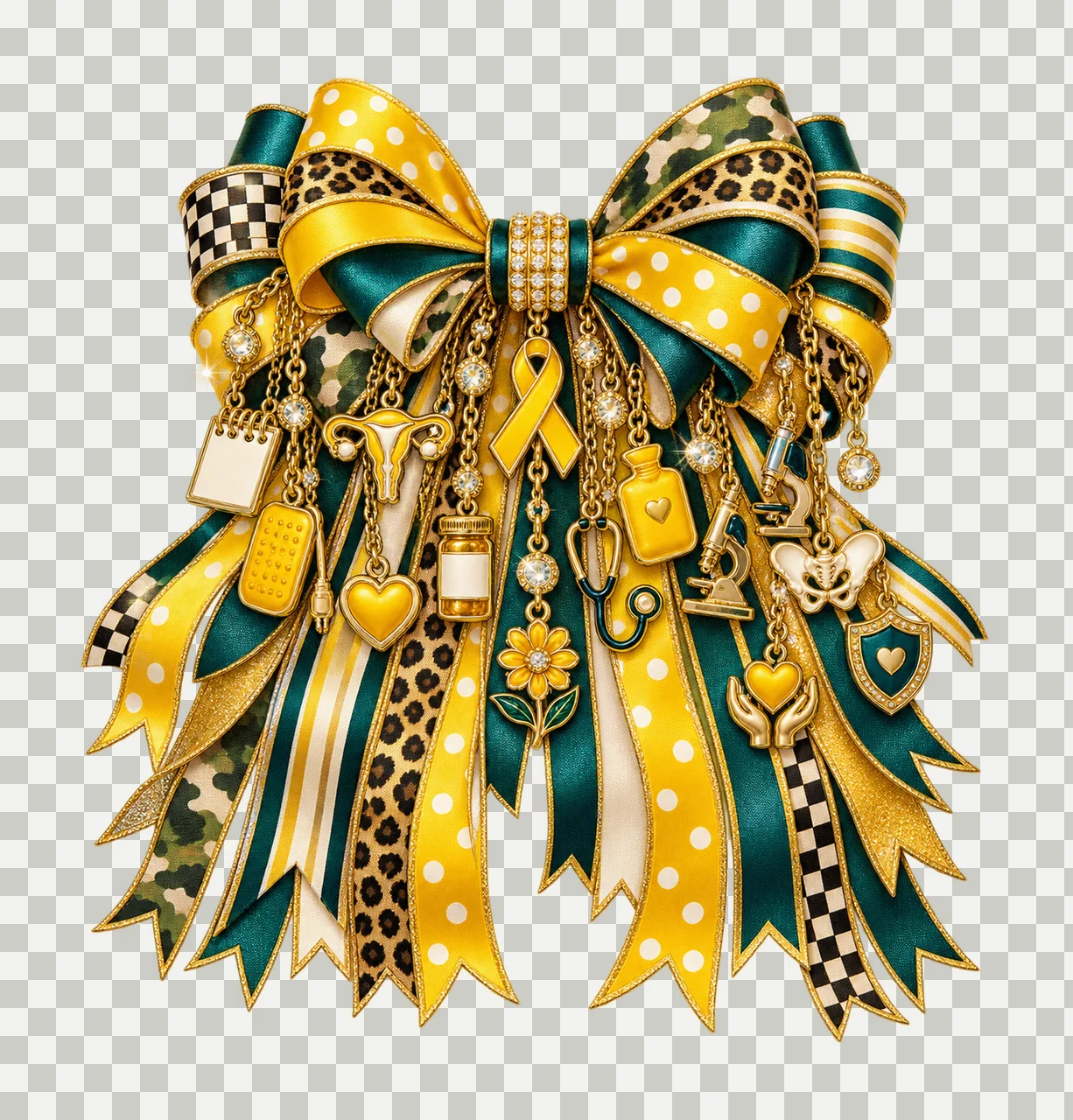 Endometriosis Awareness Bow Charm PNG, Themed Gold Chain Charms, Coquette Ribbon Sublimation Design, Transparent Digital Download transparency and detail preview thumbnail