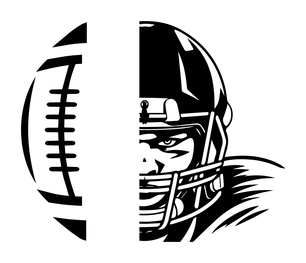 Split Football And Helmet Graphic Illustration face black white