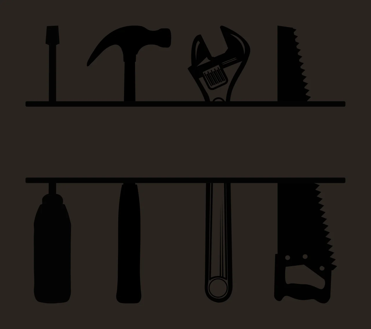 Silhouette Design of hand tools split monogram frame with screwdriver, claw hammer, adjustable wrench and hand saw in black and white contrast preview thumbnail