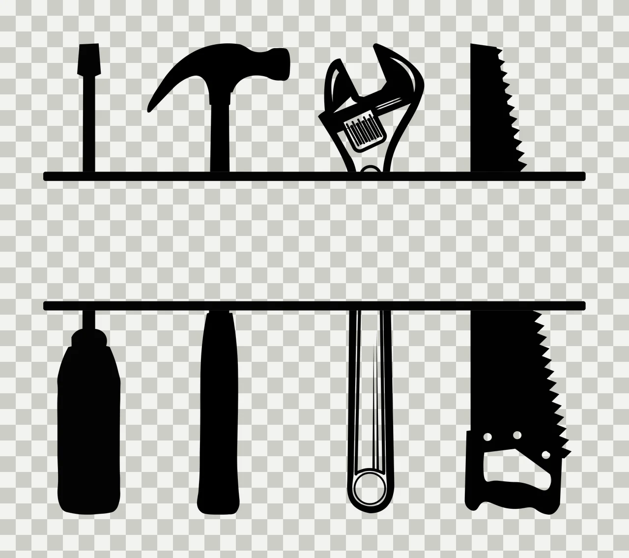 Silhouette Design of hand tools split monogram frame with screwdriver, claw hammer, adjustable wrench and hand saw in black and white transparency and detail preview thumbnail