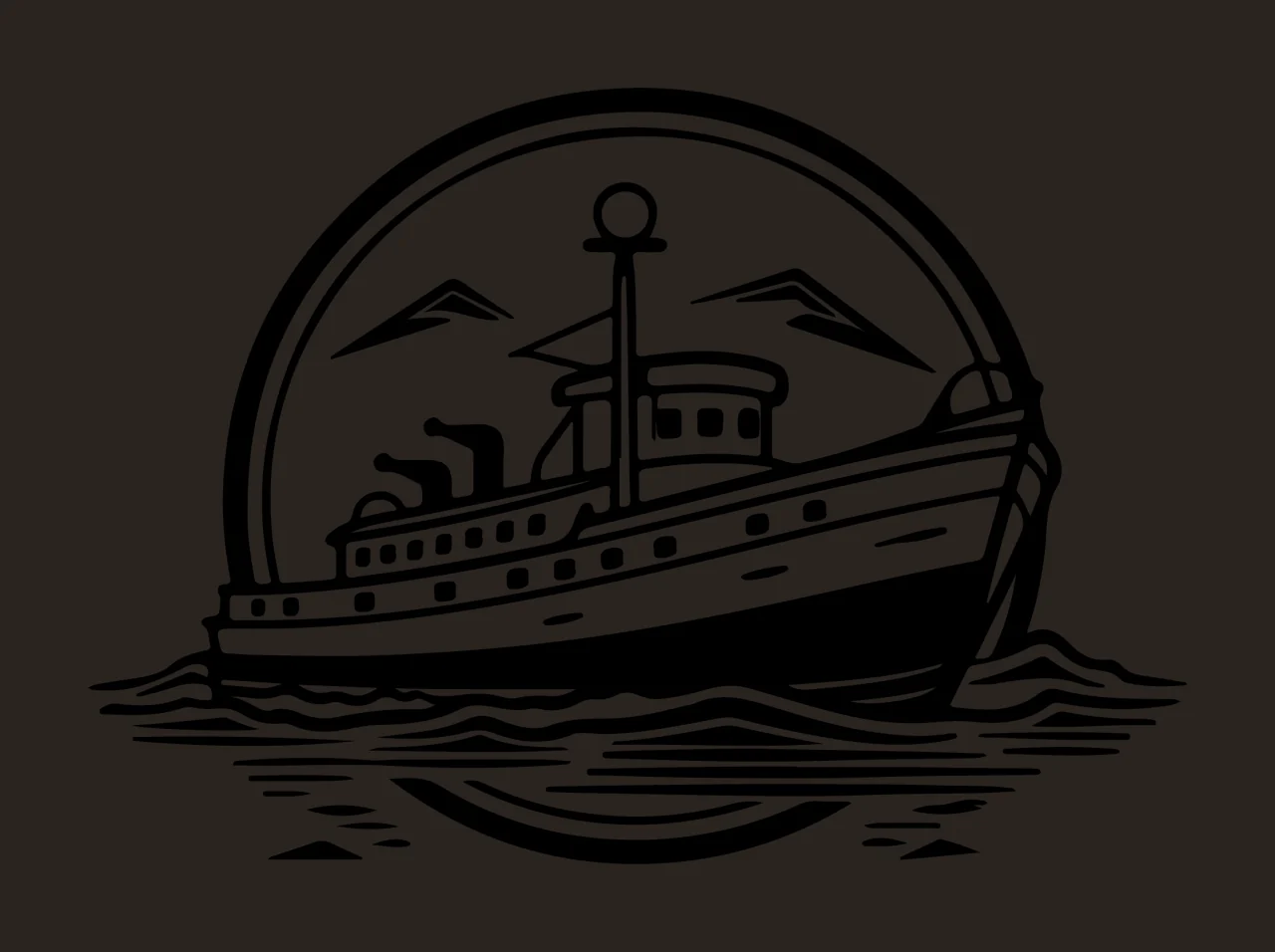 Ship Silhouette In Circular Frame sailing water waves mountains contrast preview thumbnail