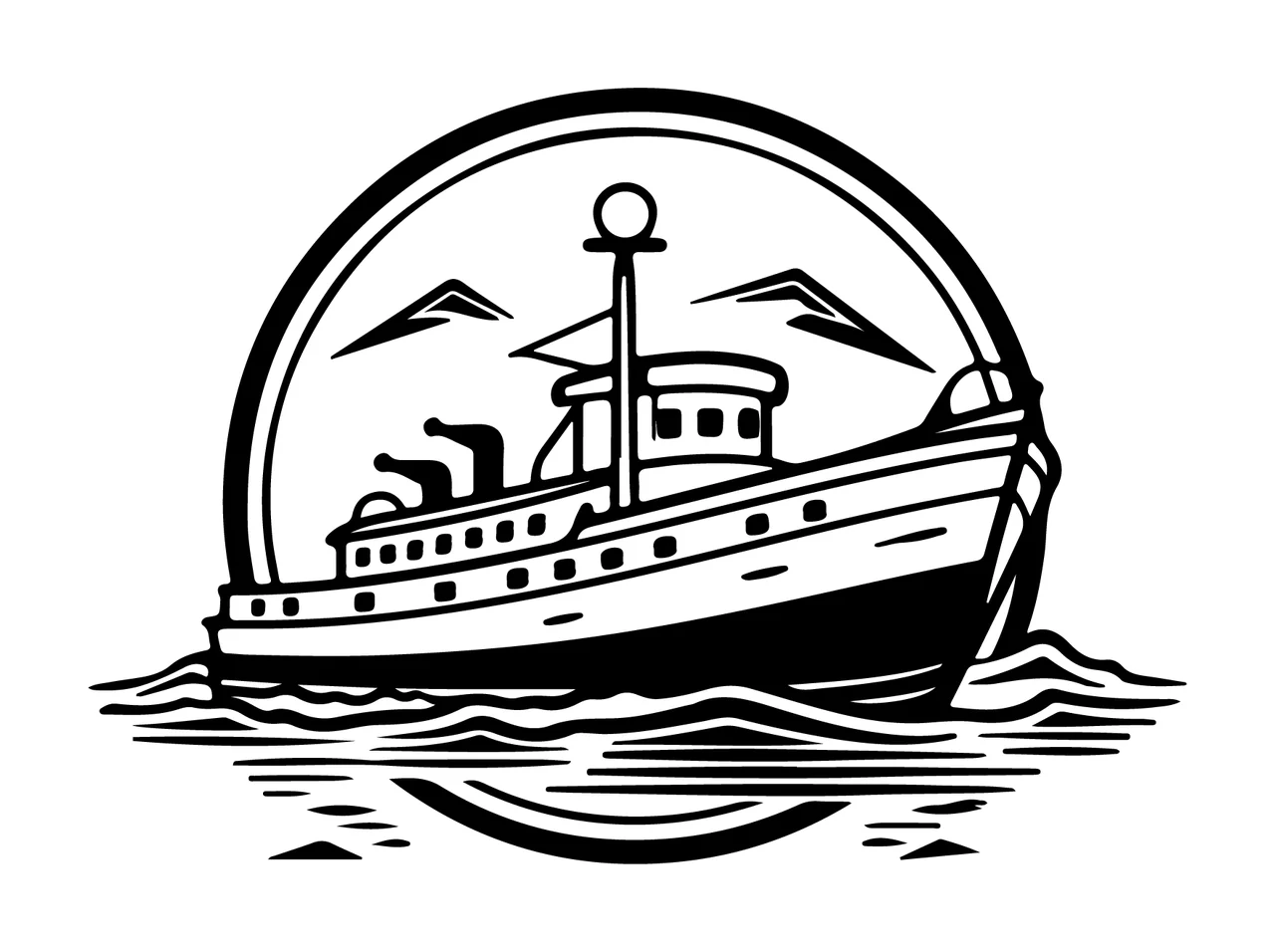 Ship Silhouette In Circular Frame sailing water waves mountains