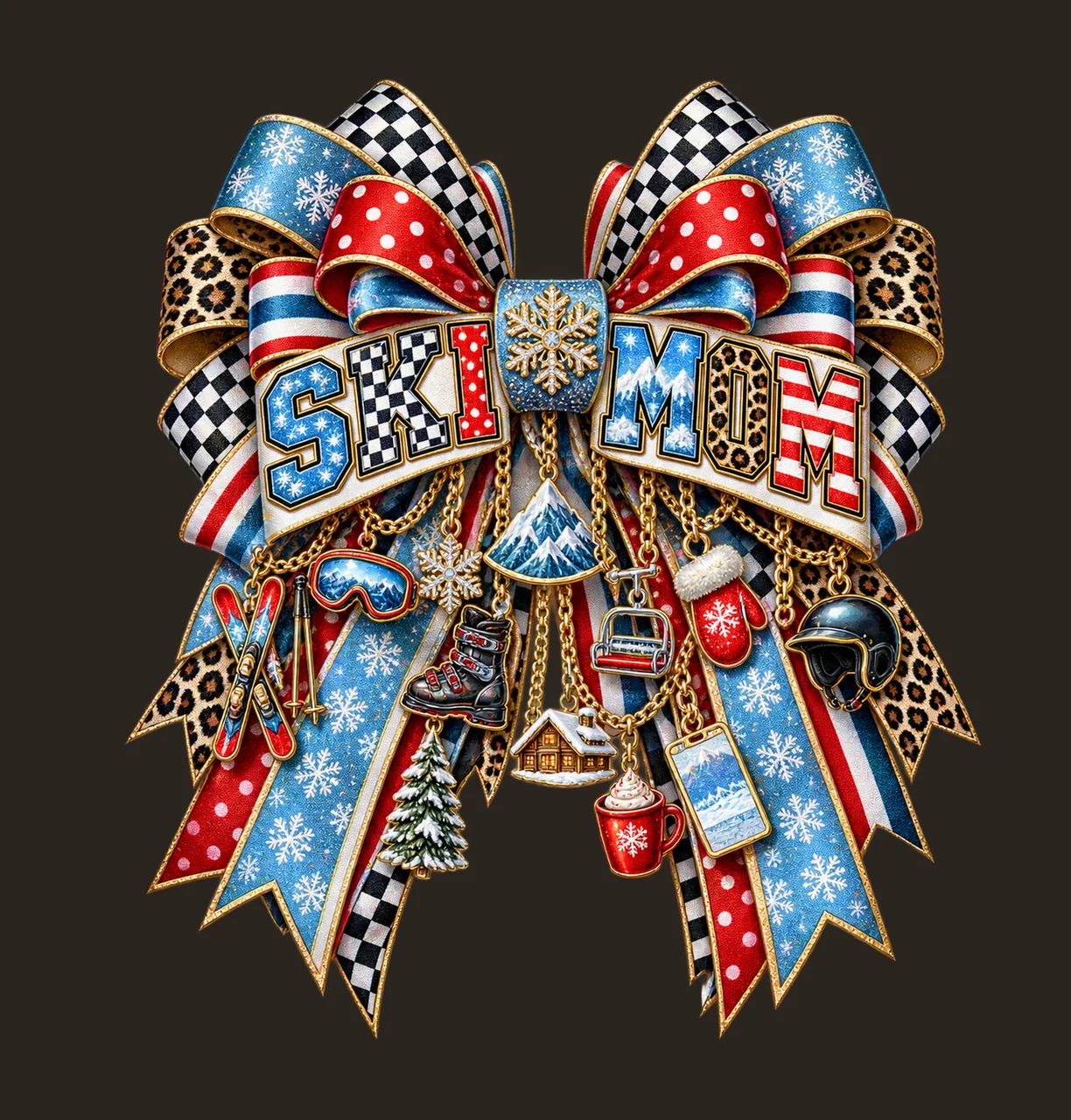 Ski Mom Bow Charm PNG, Patterned Varsity Mom Ribbon Clipart, Transparent Sublimation Digital Download contrast preview thumbnail