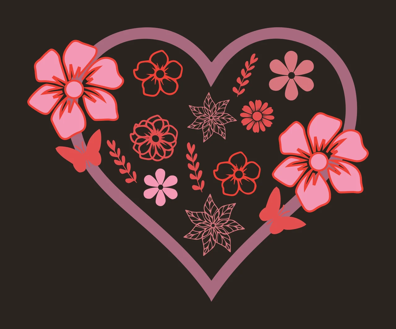 Floral heart motif Illustration with heart outline, pink flowers, red outlined flowers and butterflies in dusty rose contrast preview thumbnail