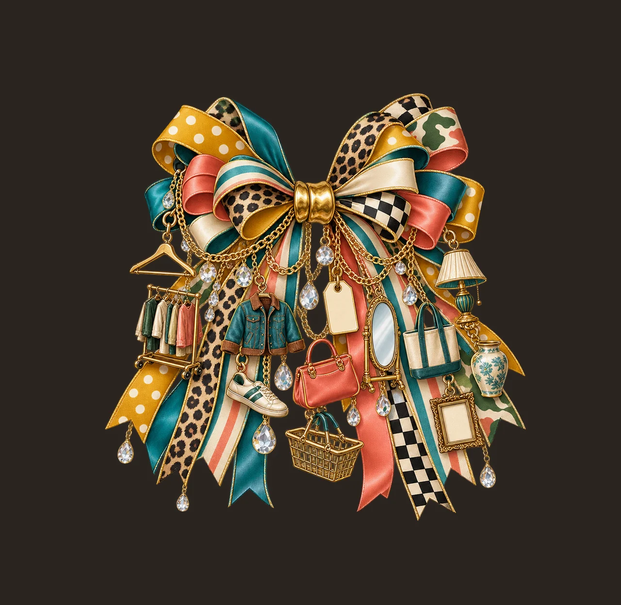 Thrift Shopping Lover Bow Charm PNG, Gold Chain Charms, Transparent Sublimation Design, Digital Download contrast preview thumbnail