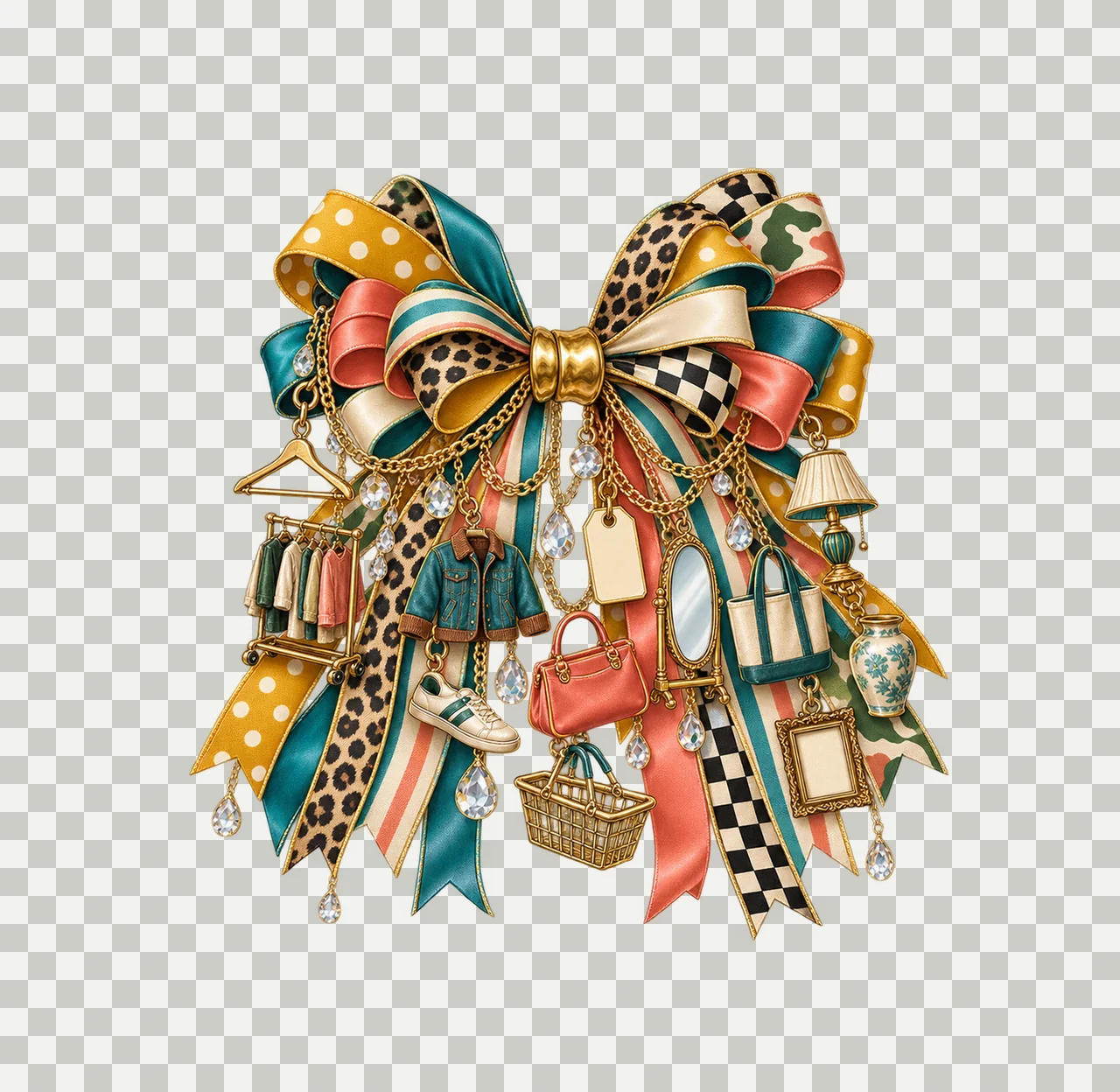 Thrift Shopping Lover Bow Charm PNG, Gold Chain Charms, Transparent Sublimation Design, Digital Download transparency and detail preview thumbnail