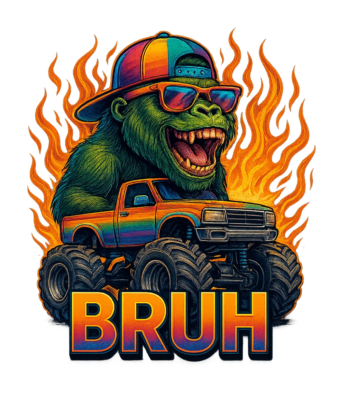 Bruh Truck Gorilla Driving With Monster And Cap sunglasses