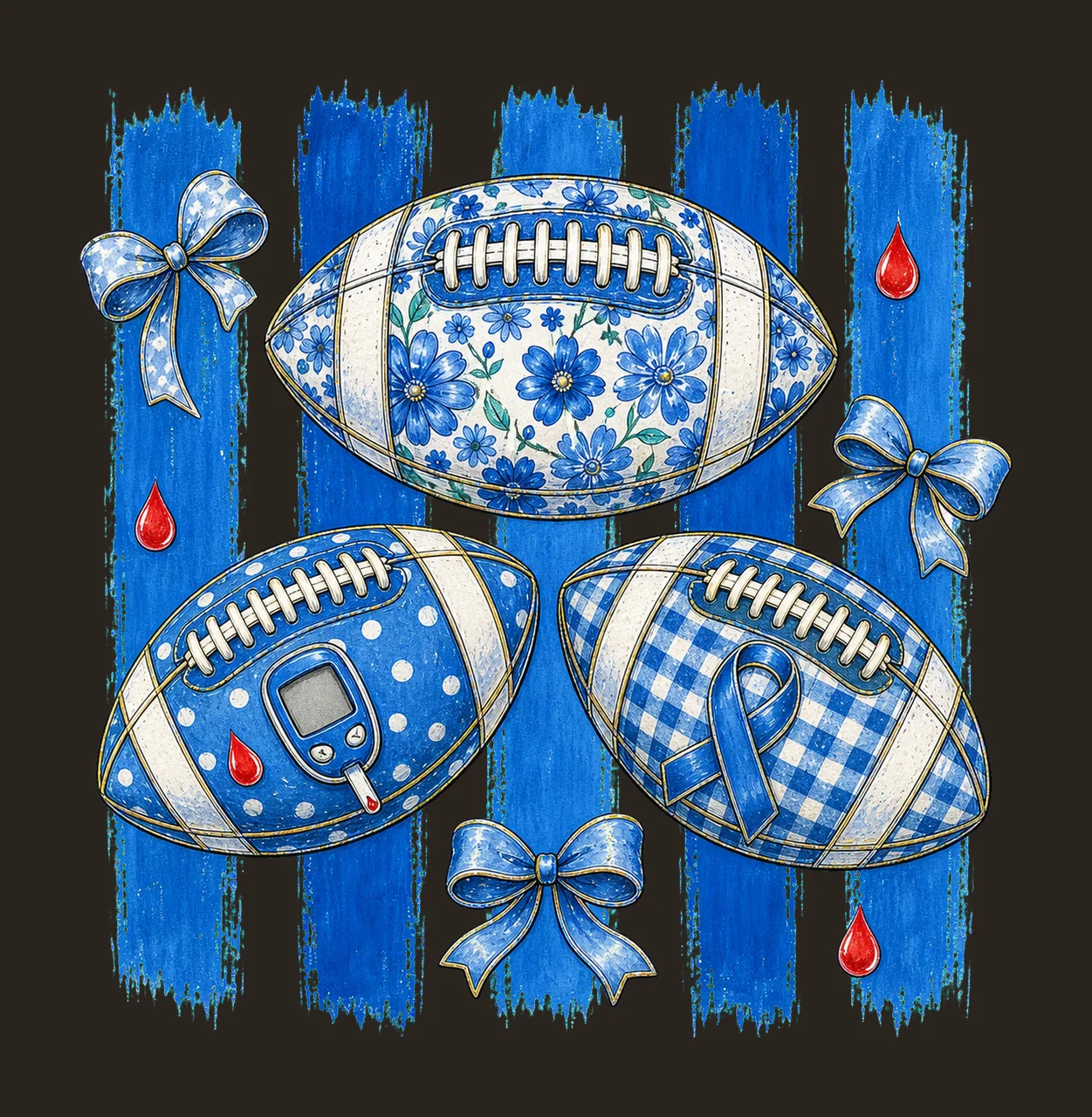 Diabetes Awareness Football Blue Floral Ribbon Variation B contrast preview thumbnail