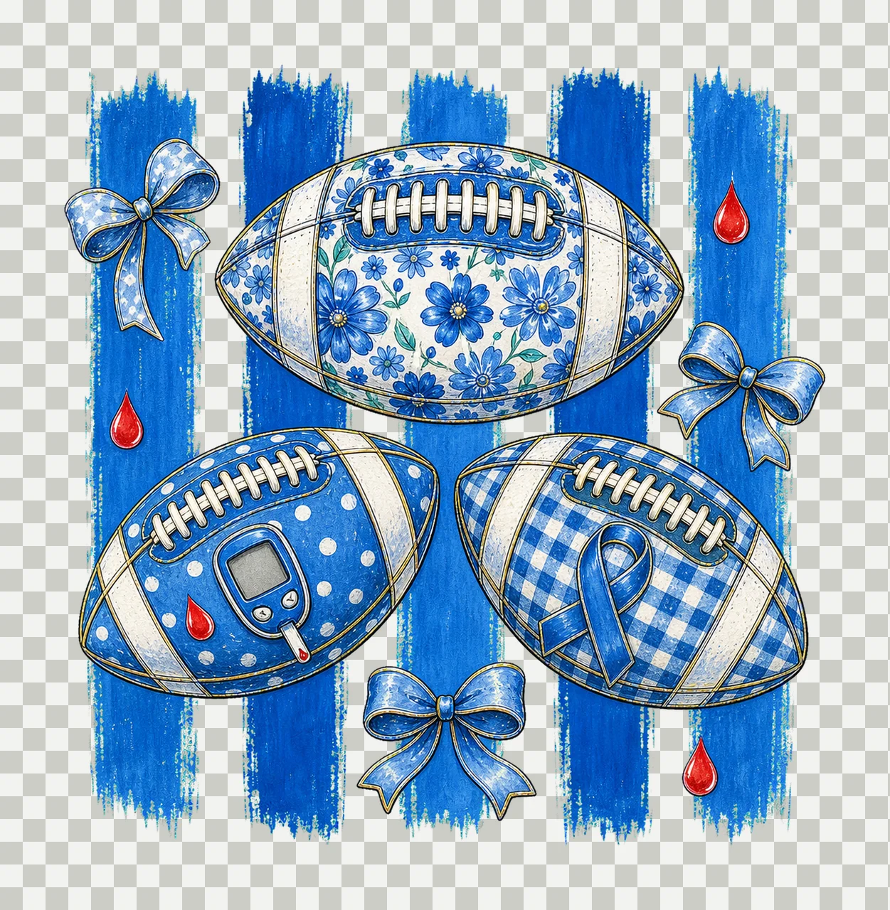 Diabetes Awareness Football Blue Floral Ribbon Variation B transparency and detail preview thumbnail