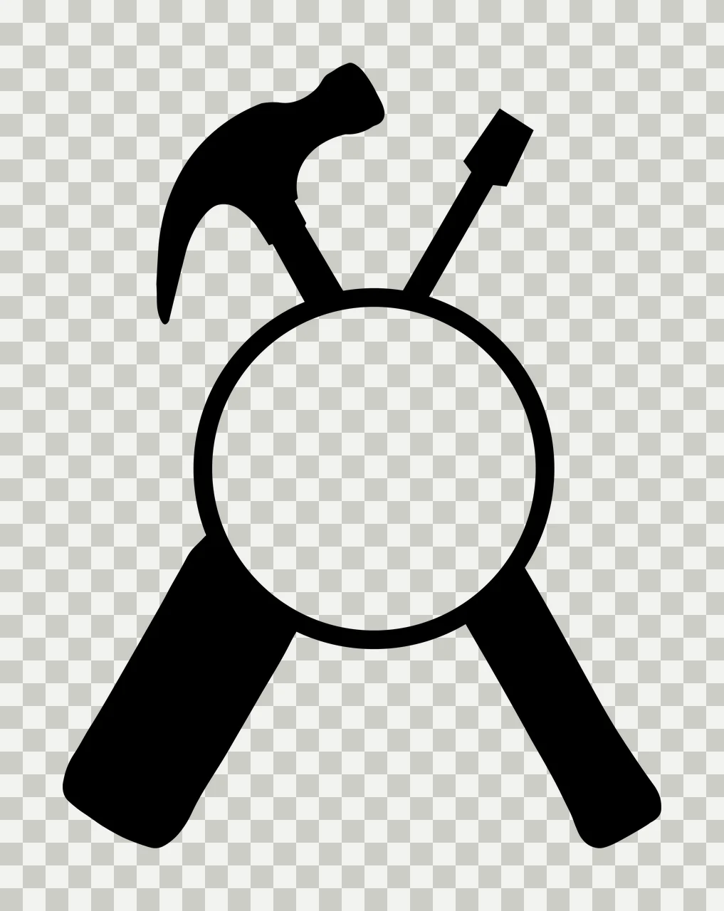 Crossed hammer and screwdriver silhouette Illustration with circular frame and blank space in black and white transparency and detail preview thumbnail