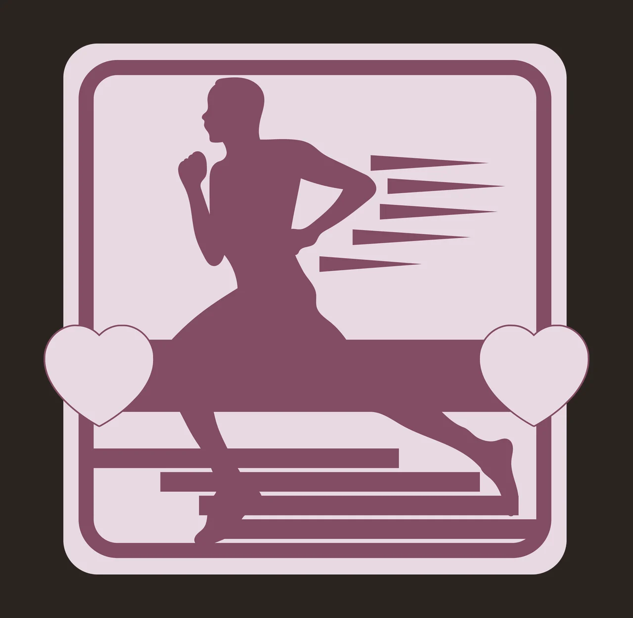 Running person silhouette Illustration with runner silhouette, motion lines, heart shapes and rounded square frame in purple, light pink and white contrast preview thumbnail