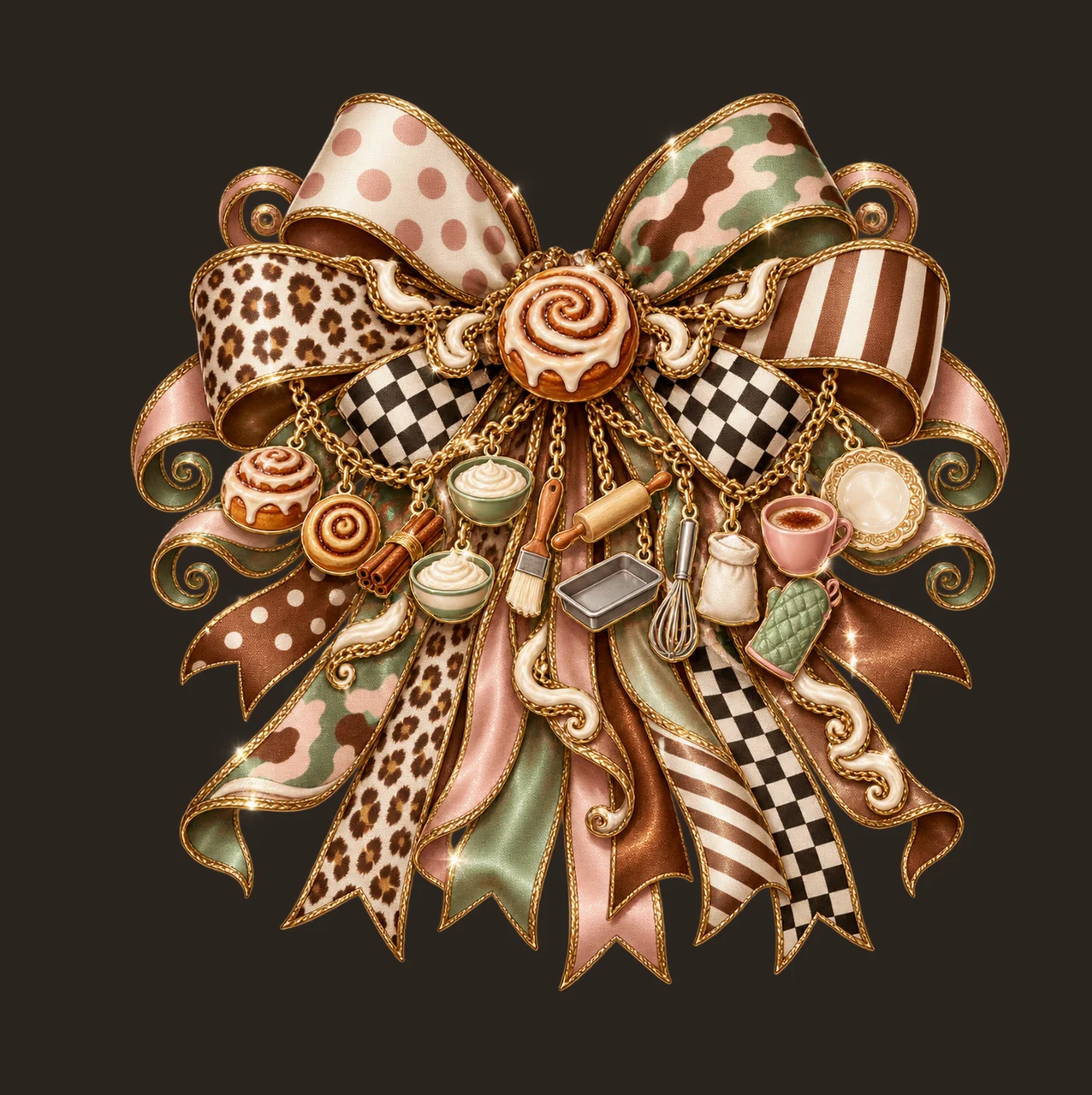 Cinnamon Roll Lover Bow Charm PNG, Themed Gold Chain Charms, Coquette Ribbon Sublimation Design, Transparent Digital Download contrast preview thumbnail