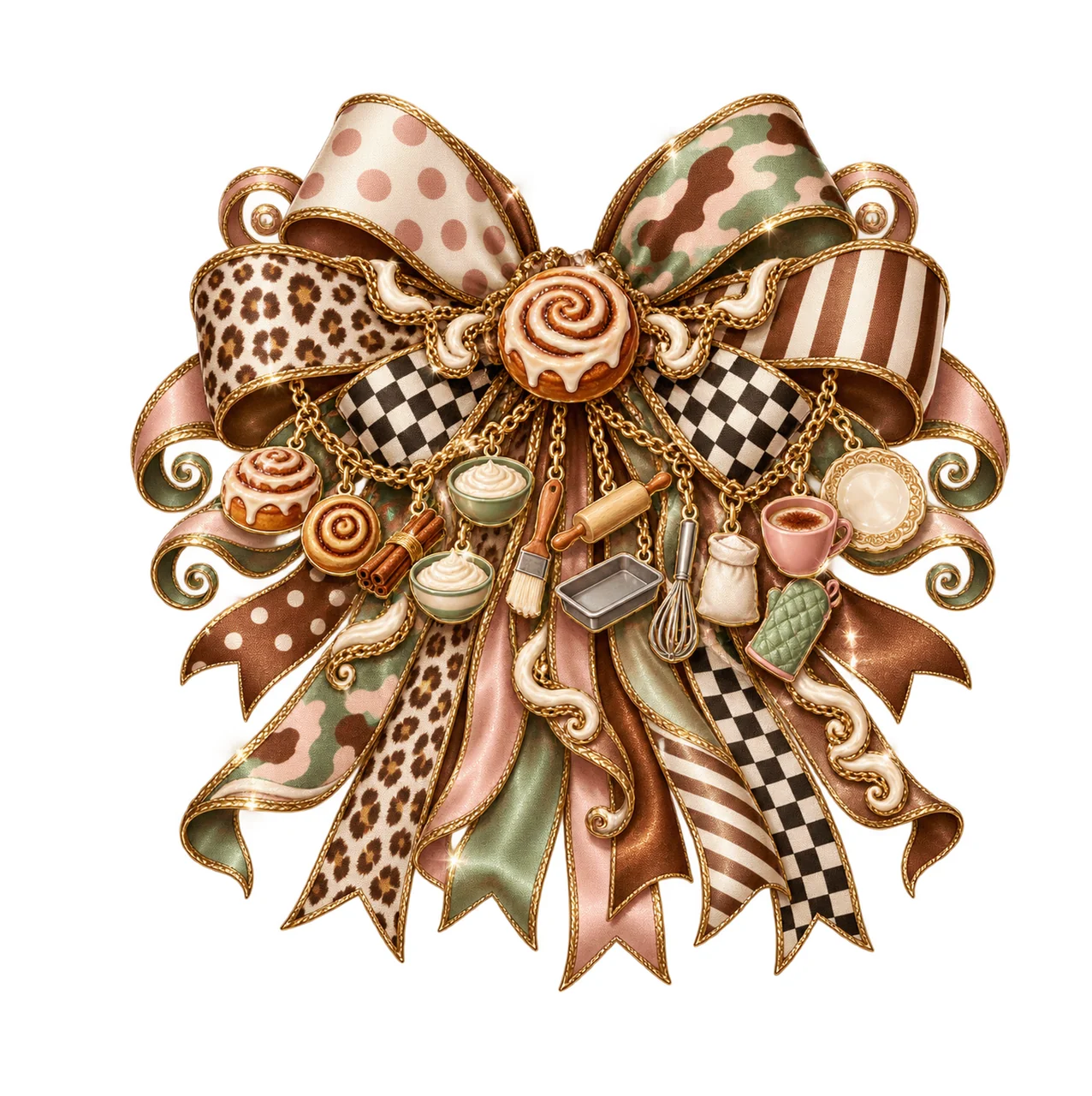 Cinnamon Roll Lover Bow Charm PNG, Themed Gold Chain Charms, Coquette Ribbon Sublimation Design, Transparent Digital Download