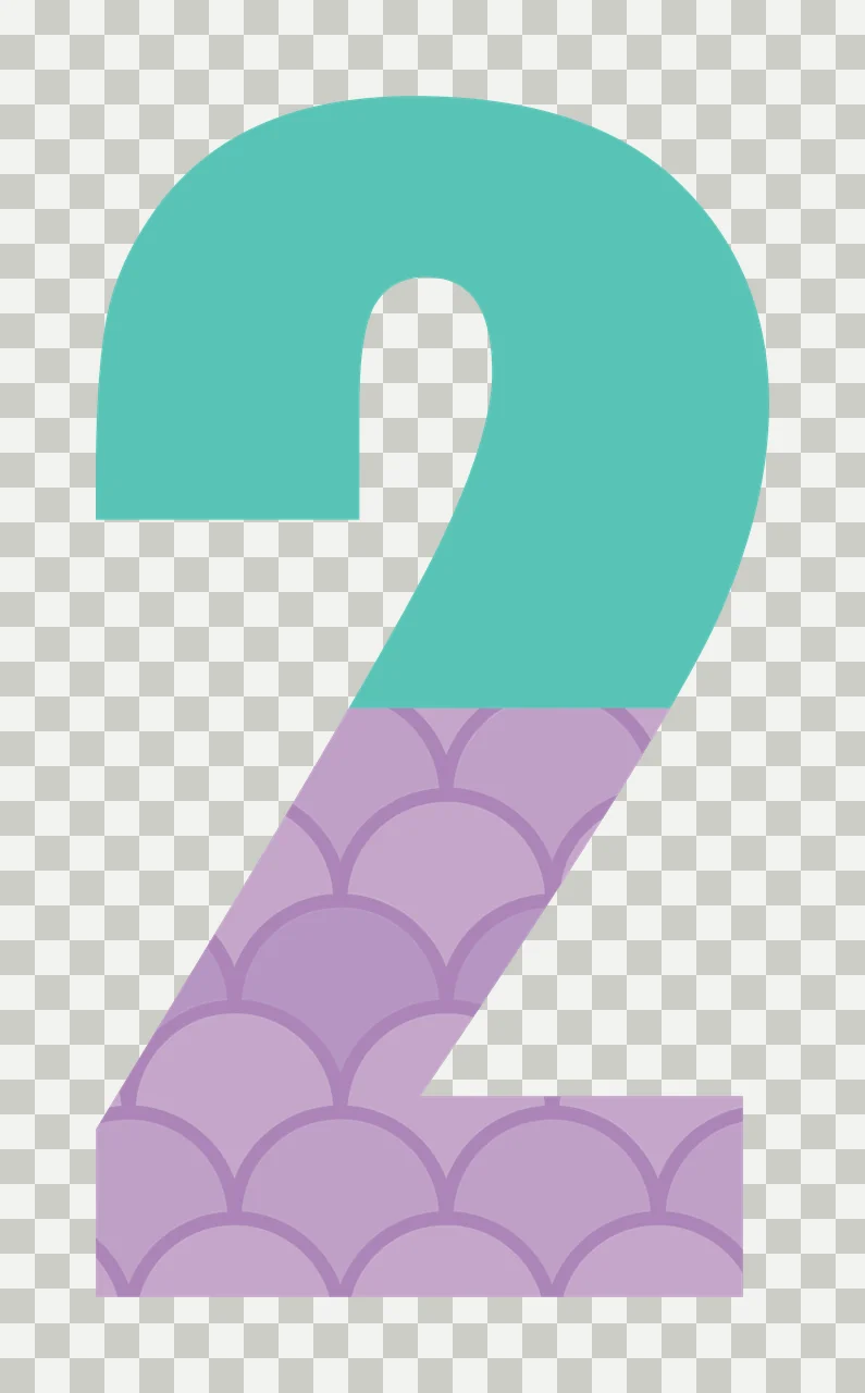 2 Number Design with scallop pattern, fish scale pattern and split color design in teal, lavender and purple transparency and detail preview thumbnail