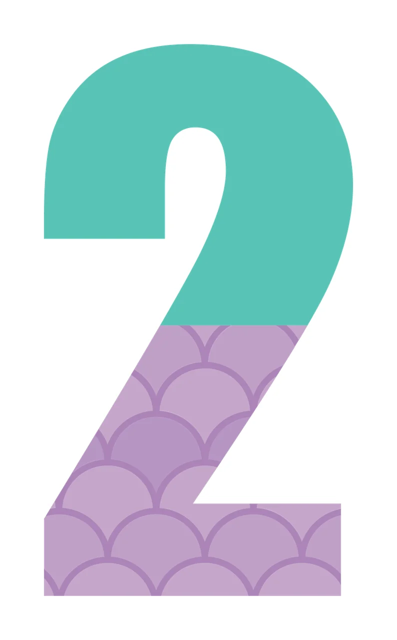 2 Number Design with scallop pattern, fish scale pattern and split color design in teal, lavender and purple