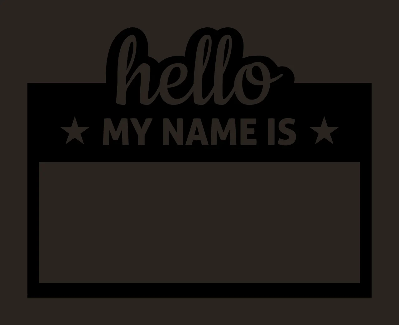 Hello MY NAME IS Name tag sticker Design with rectangle, script text, sans-serif text and star icons in black and white contrast preview thumbnail