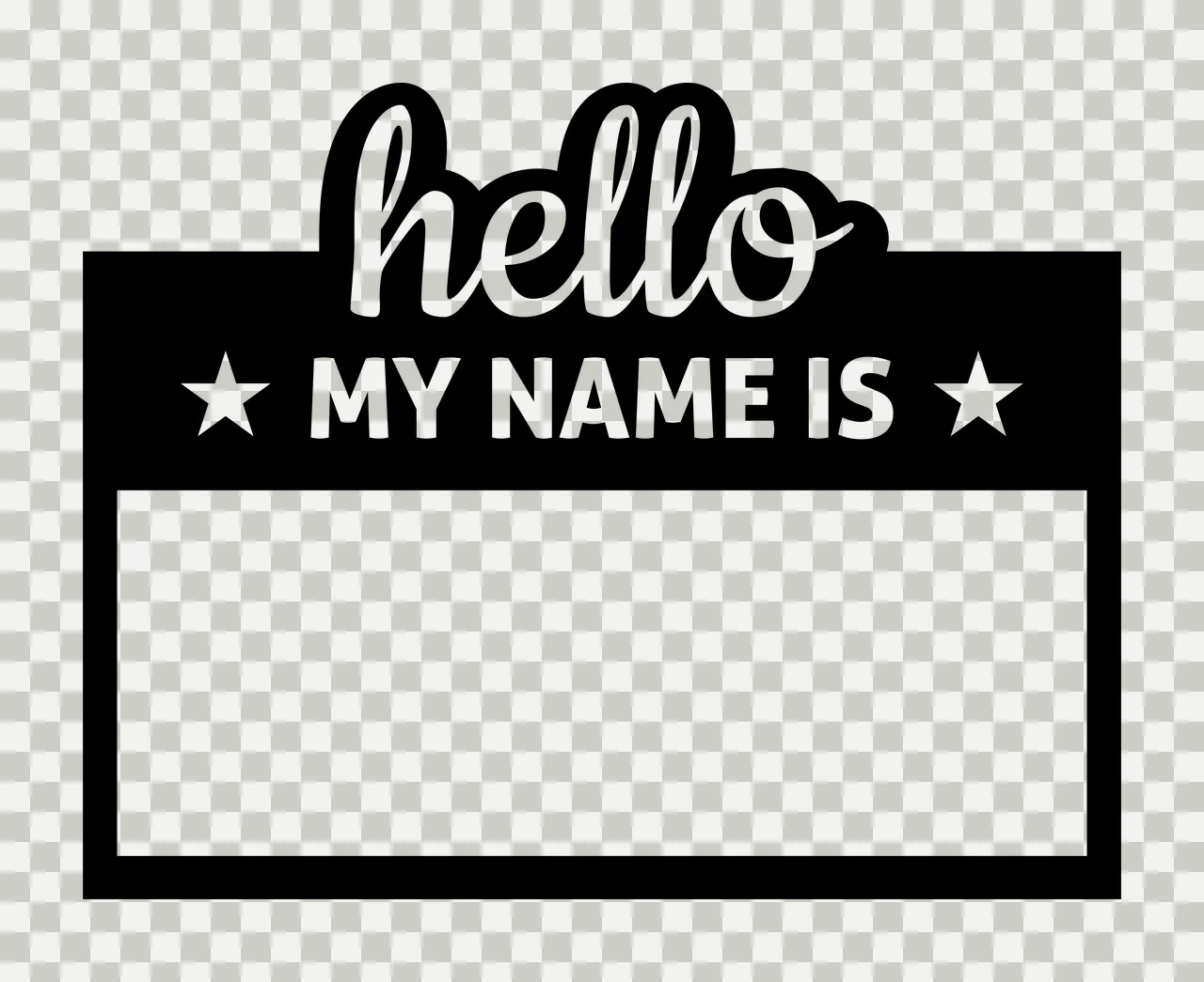 Hello MY NAME IS Name tag sticker Design with rectangle, script text, sans-serif text and star icons in black and white transparency and detail preview thumbnail
