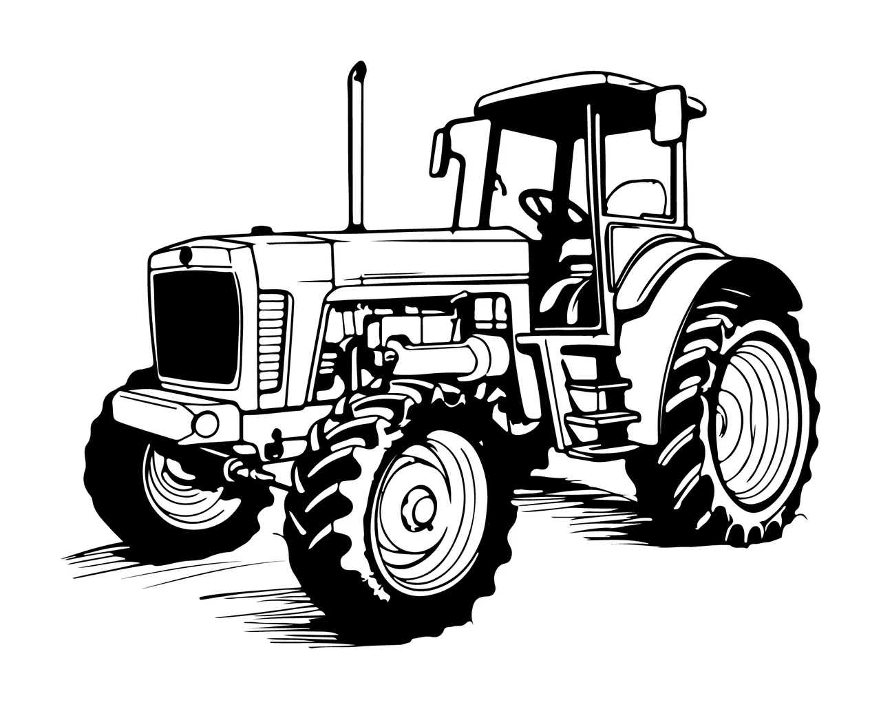 Black And White Line Art Tractor wheels cab drawing farm vehicle