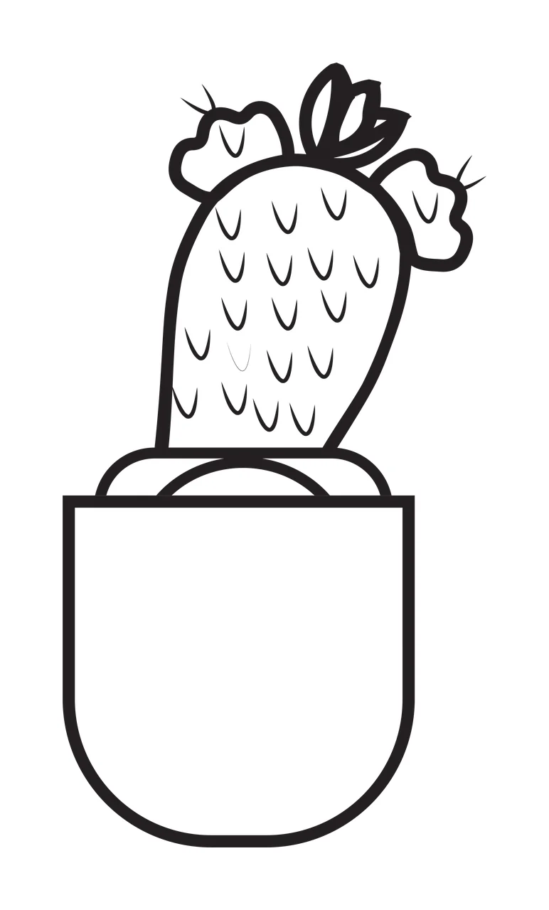 Line Art Illustration of Prickly pear cactus in pocket-shaped pot with spines, two small leaves and three pads in black and white