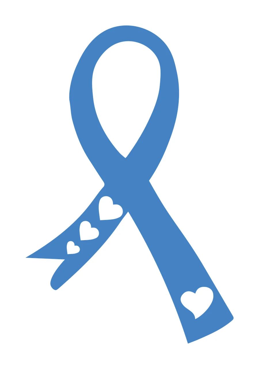 Blue awareness ribbon with white heart cutouts Illustration with three small hearts on left tail and one larger heart on right tail