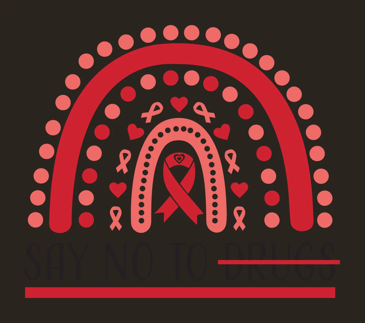 SAY NO TO DRUGS Anti-drug awareness Design with red rainbow arch, pink polka dots, red and pink ribbons and red hearts in black contrast preview thumbnail