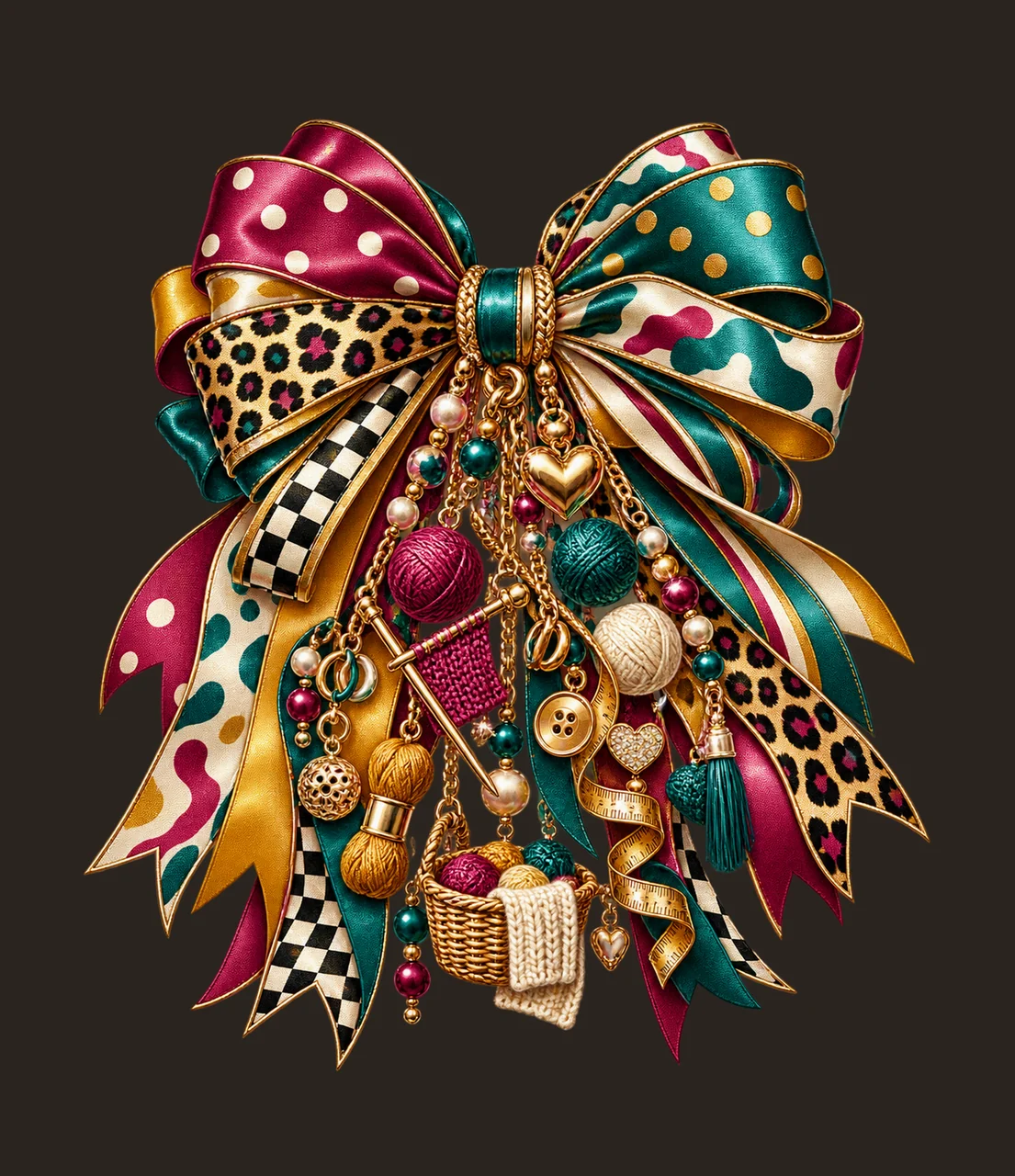 Knitter Bow Charm PNG, Themed Gold Chain Charms, Coquette Ribbon Sublimation Design, Transparent Digital Download contrast preview thumbnail