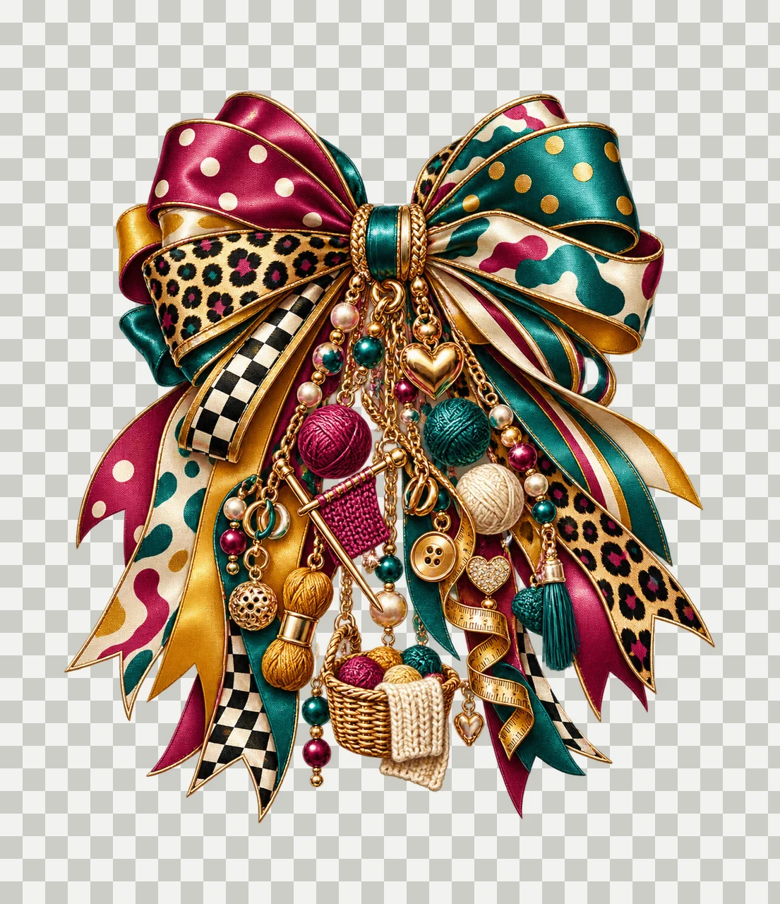Knitter Bow Charm PNG, Themed Gold Chain Charms, Coquette Ribbon Sublimation Design, Transparent Digital Download transparency and detail preview thumbnail