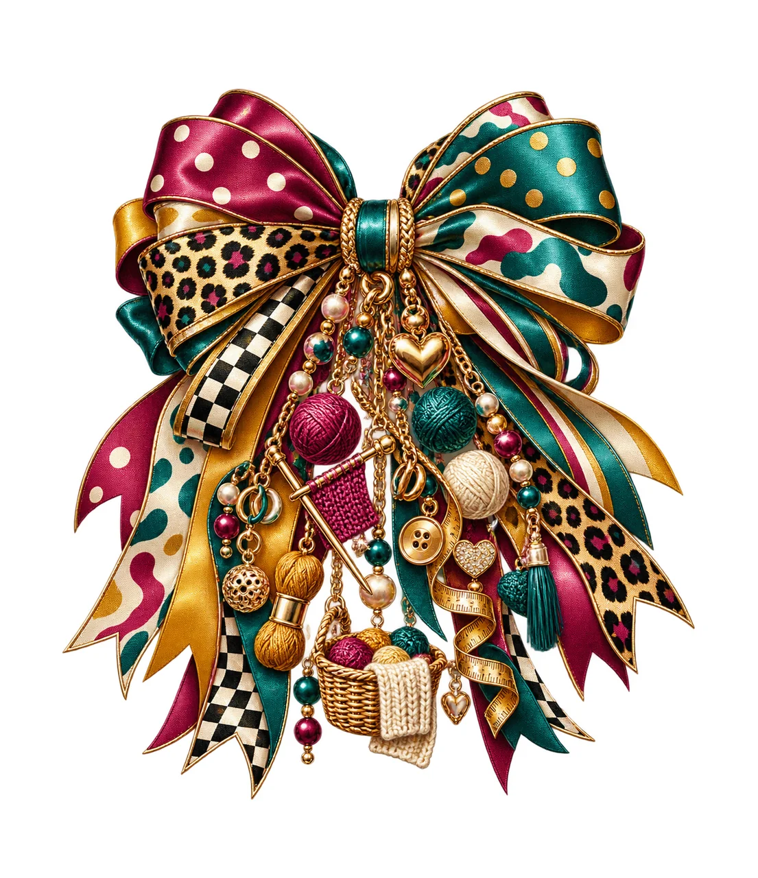 Knitter Bow Charm PNG, Themed Gold Chain Charms, Coquette Ribbon Sublimation Design, Transparent Digital Download