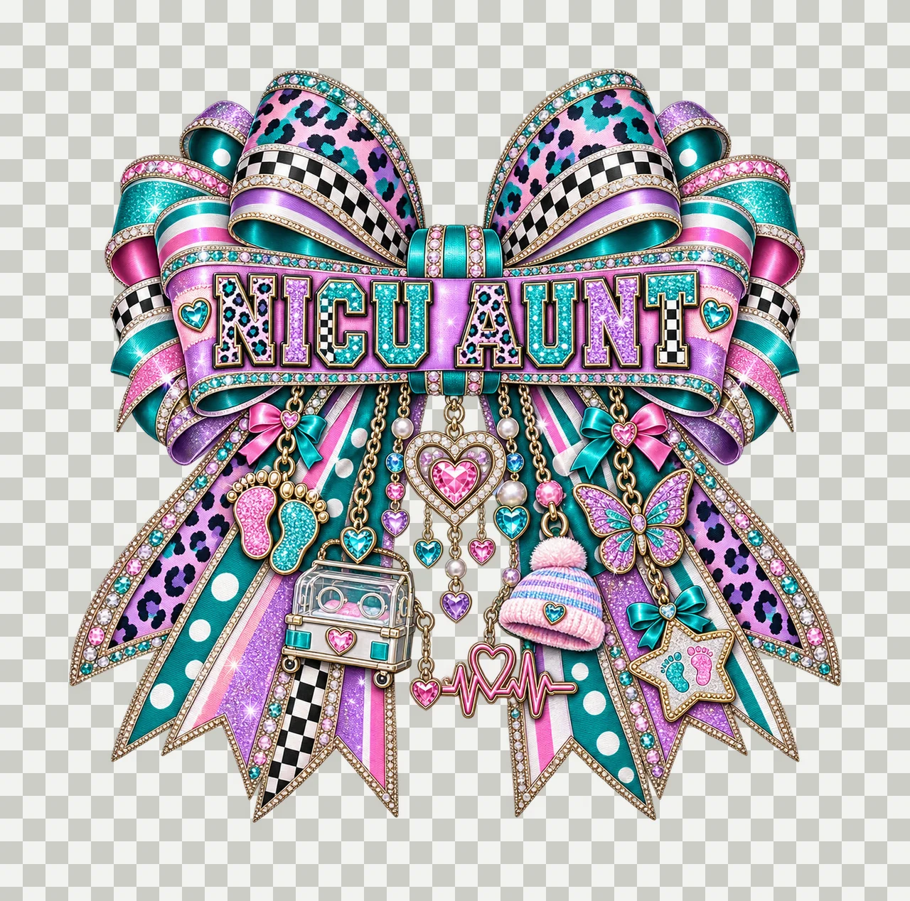 NICU Aunt Bow Charm PNG, Patterned Varsity Aunt Ribbon Clipart, Transparent Sublimation Digital Download transparency and detail preview thumbnail