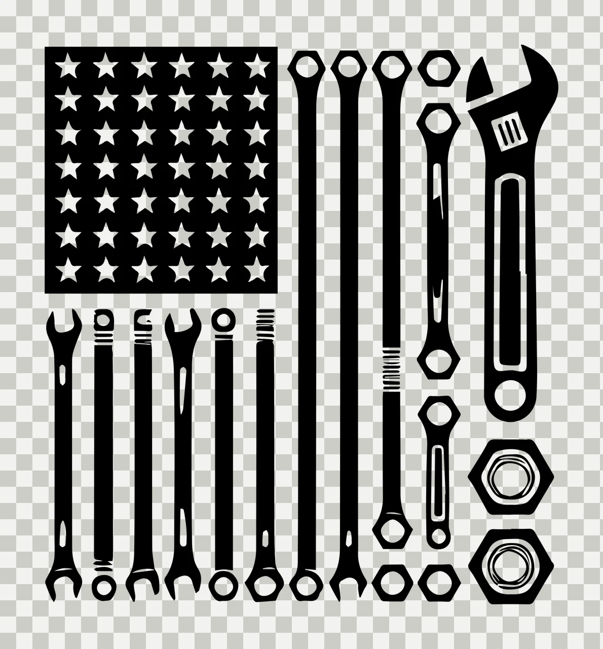 Flag Composed Of Mechanic Tools stars wrenches nuts black white transparency and detail preview thumbnail