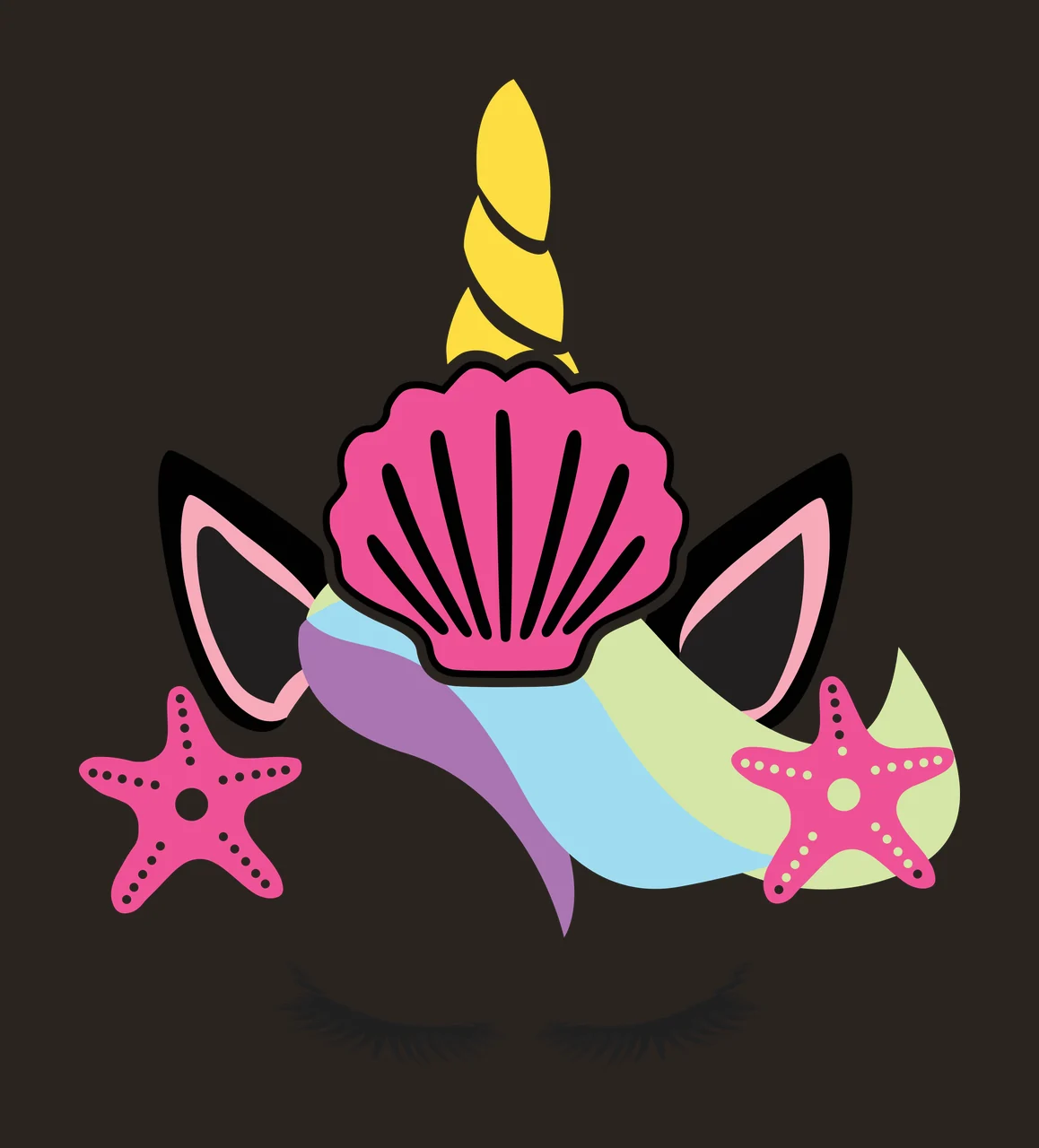 Mermaid unicorn head design featuring a pink seashell horn, black ears with pink lining, colorful flowing mane, and two pink starfish with colorful rainbow mane purple blue green, two pink starfish contrast preview thumbnail