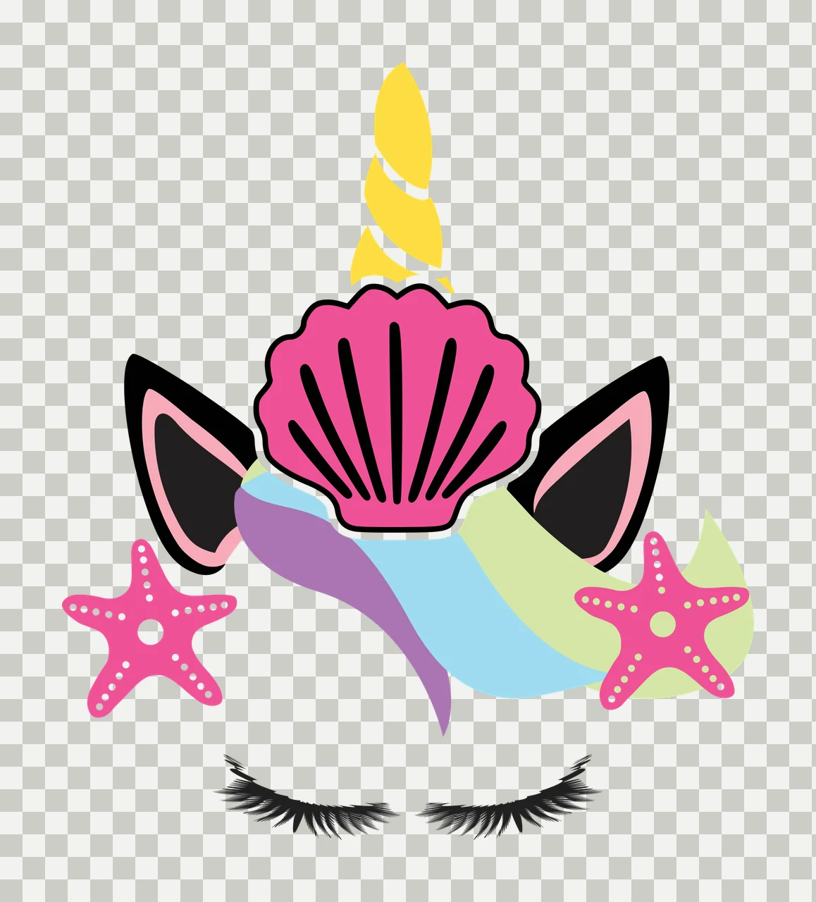 Mermaid unicorn head design featuring a pink seashell horn, black ears with pink lining, colorful flowing mane, and two pink starfish with colorful rainbow mane purple blue green, two pink starfish transparency and detail preview thumbnail