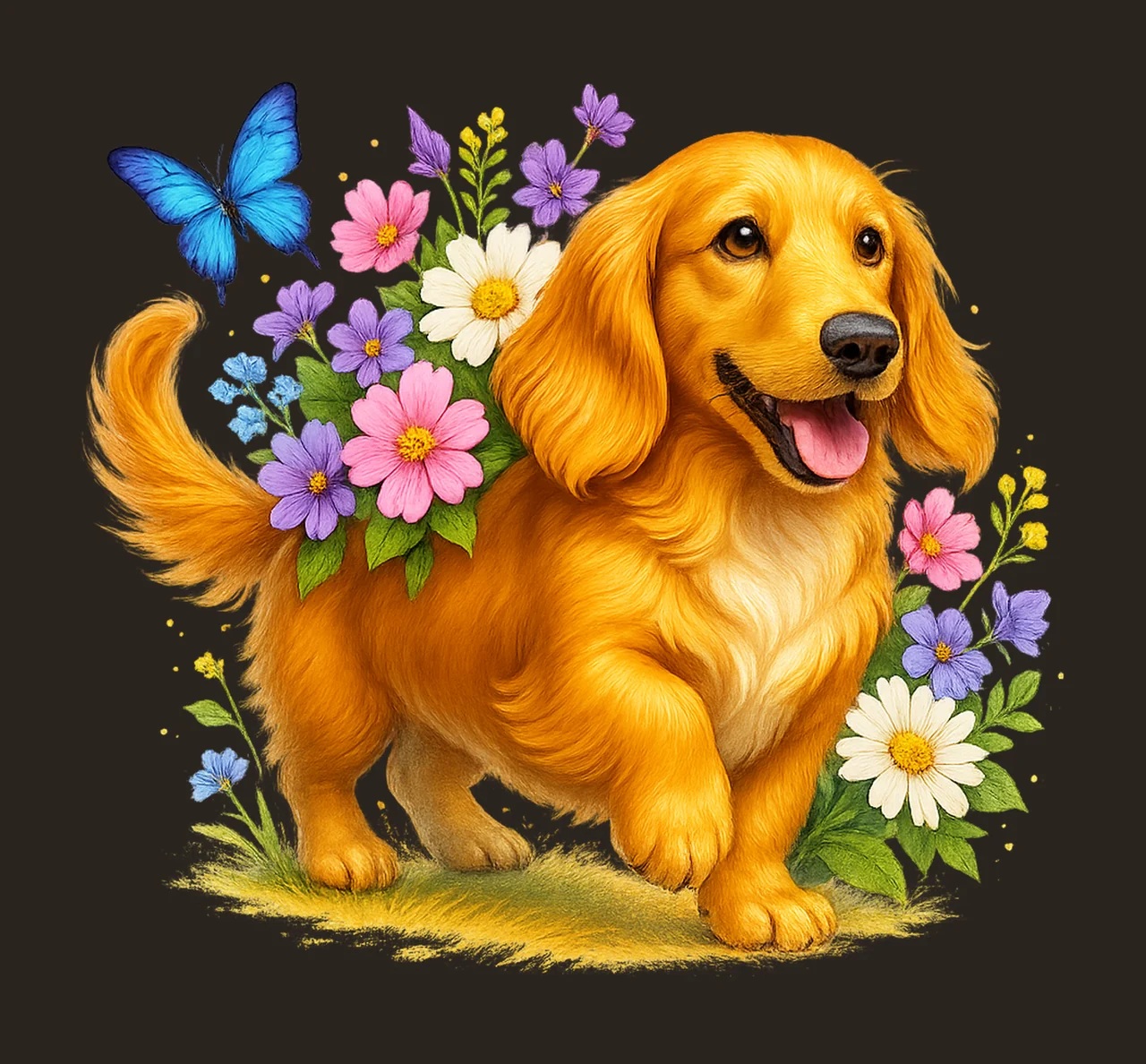 Dog With Colorful Flowers butterfly nature animal floral contrast preview thumbnail