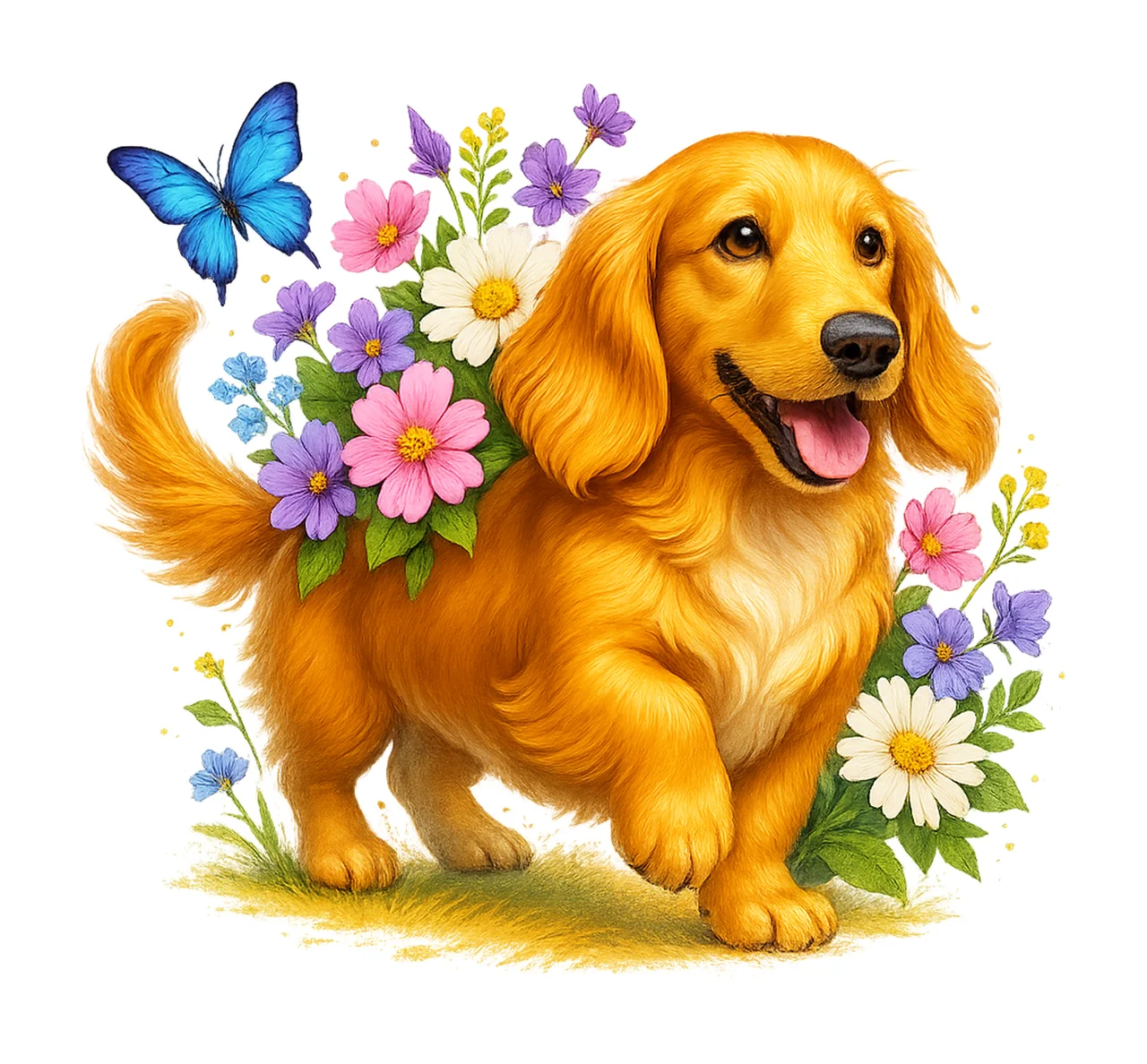Dog With Colorful Flowers butterfly nature animal floral