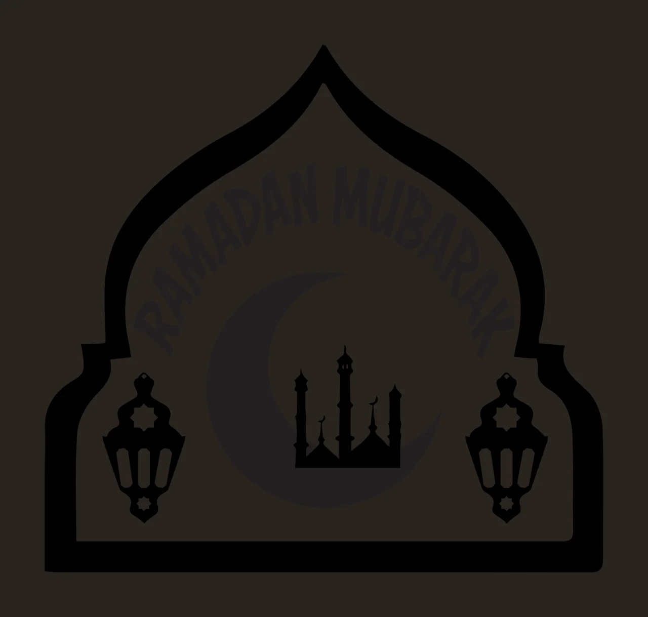 RAMADAN MUBARAK Ramadan Mubarak emblem Design with arched frame, crescent moon, mosque silhouette with minarets and two lanterns in black and white contrast preview thumbnail