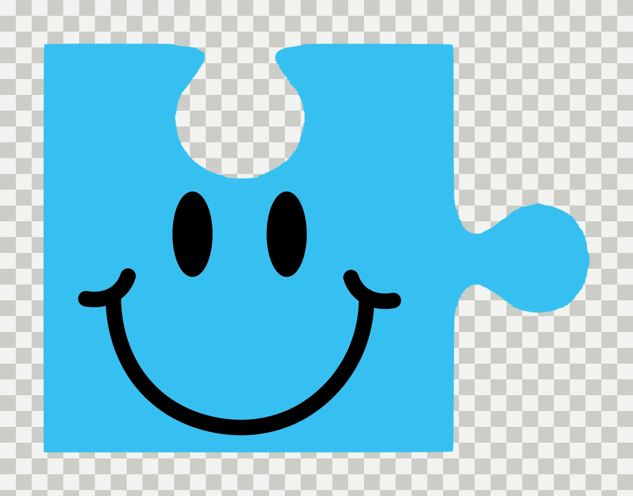 Blue puzzle piece with smiley face Illustration with black smiley face, two oval eyes, curved smile and white interlocking tab transparency and detail preview thumbnail